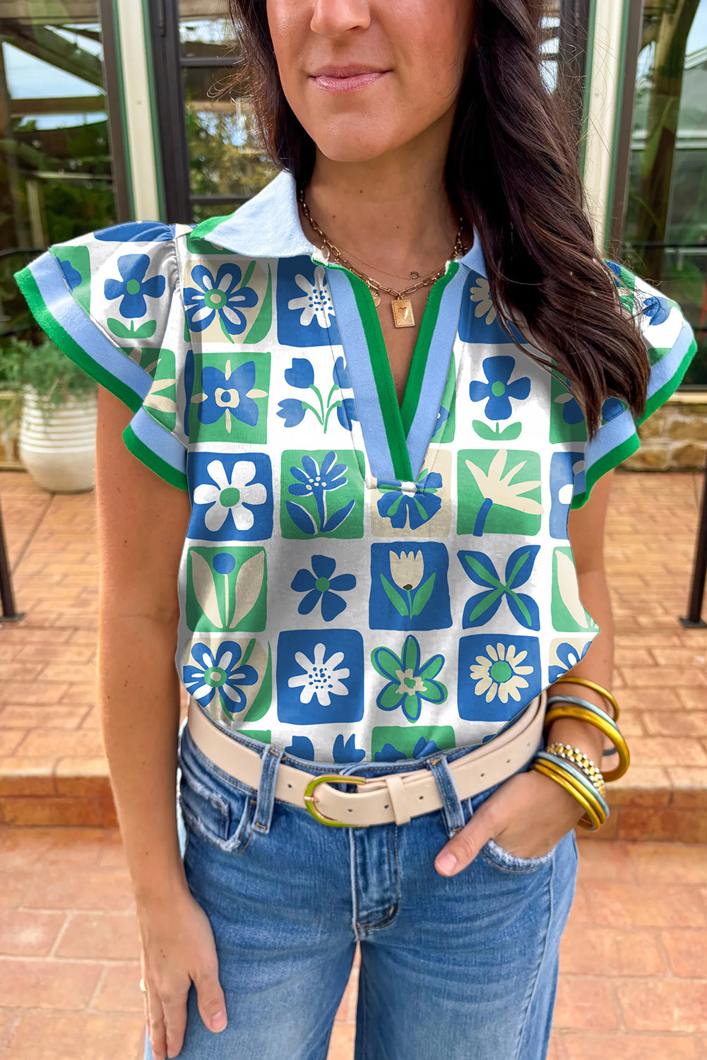 Green Floral Plaid Colorblock Flutter Sleeve Blouse