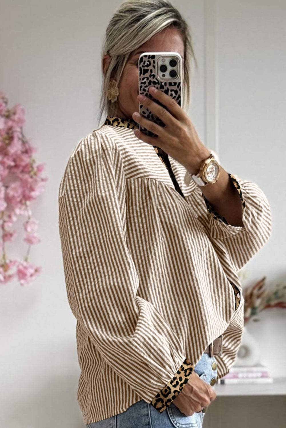 Brown Stripe Leopard Print Patchwork Puff Sleeve Shirt