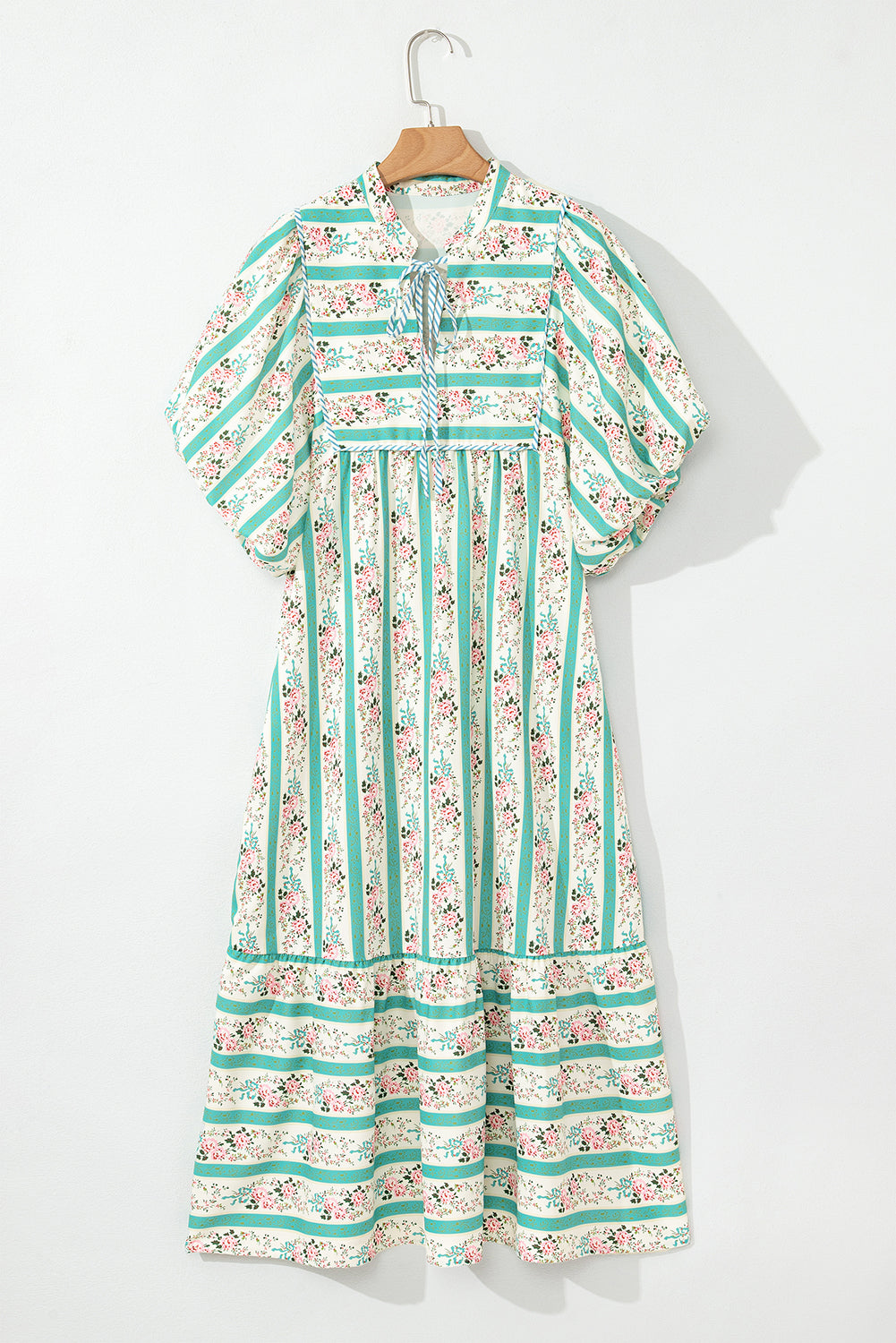 Multicolor Boho Floral Striped Tie V Neck Long Dress