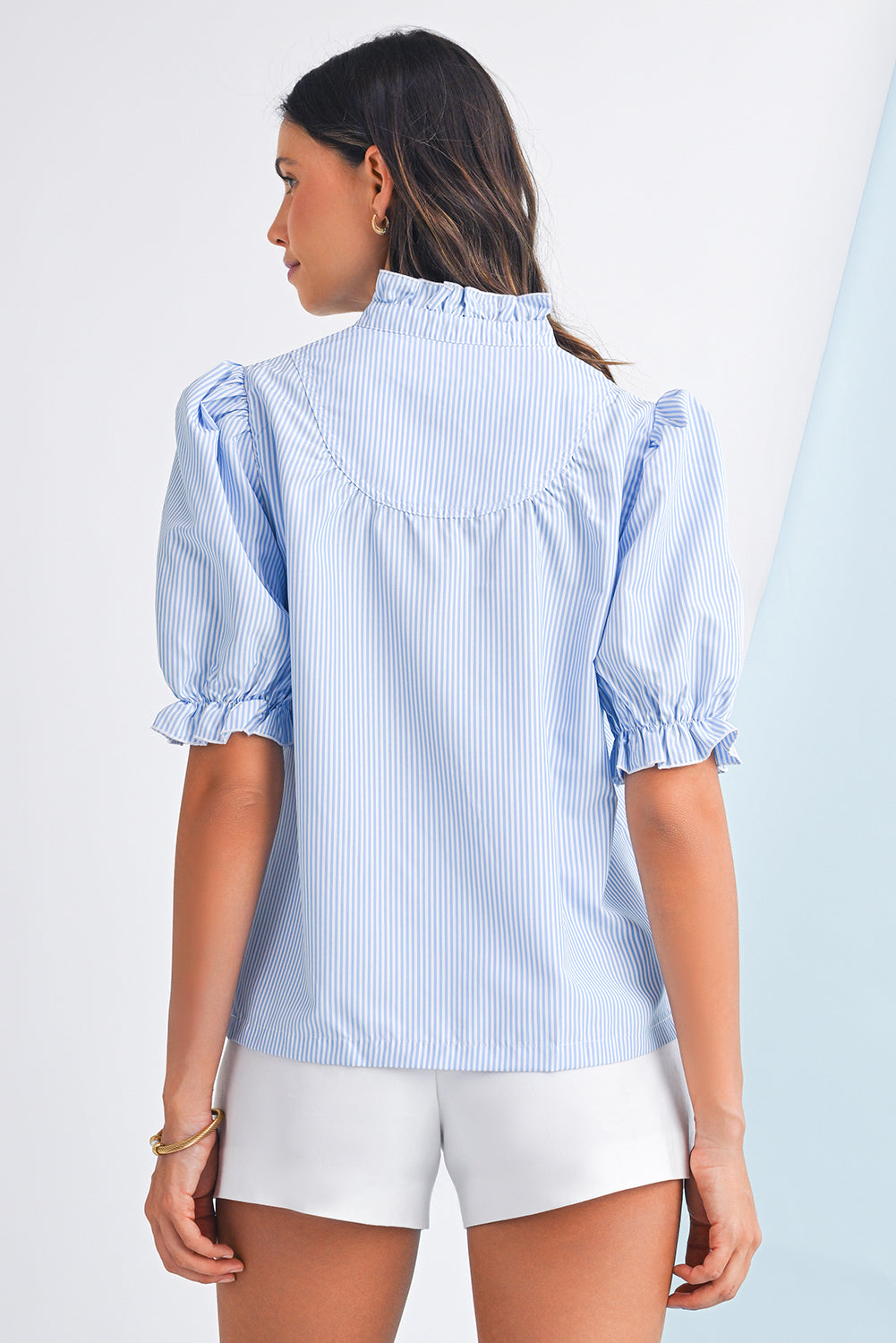 Sky Blue Striped Frill Neck Puff Sleeve Blouse