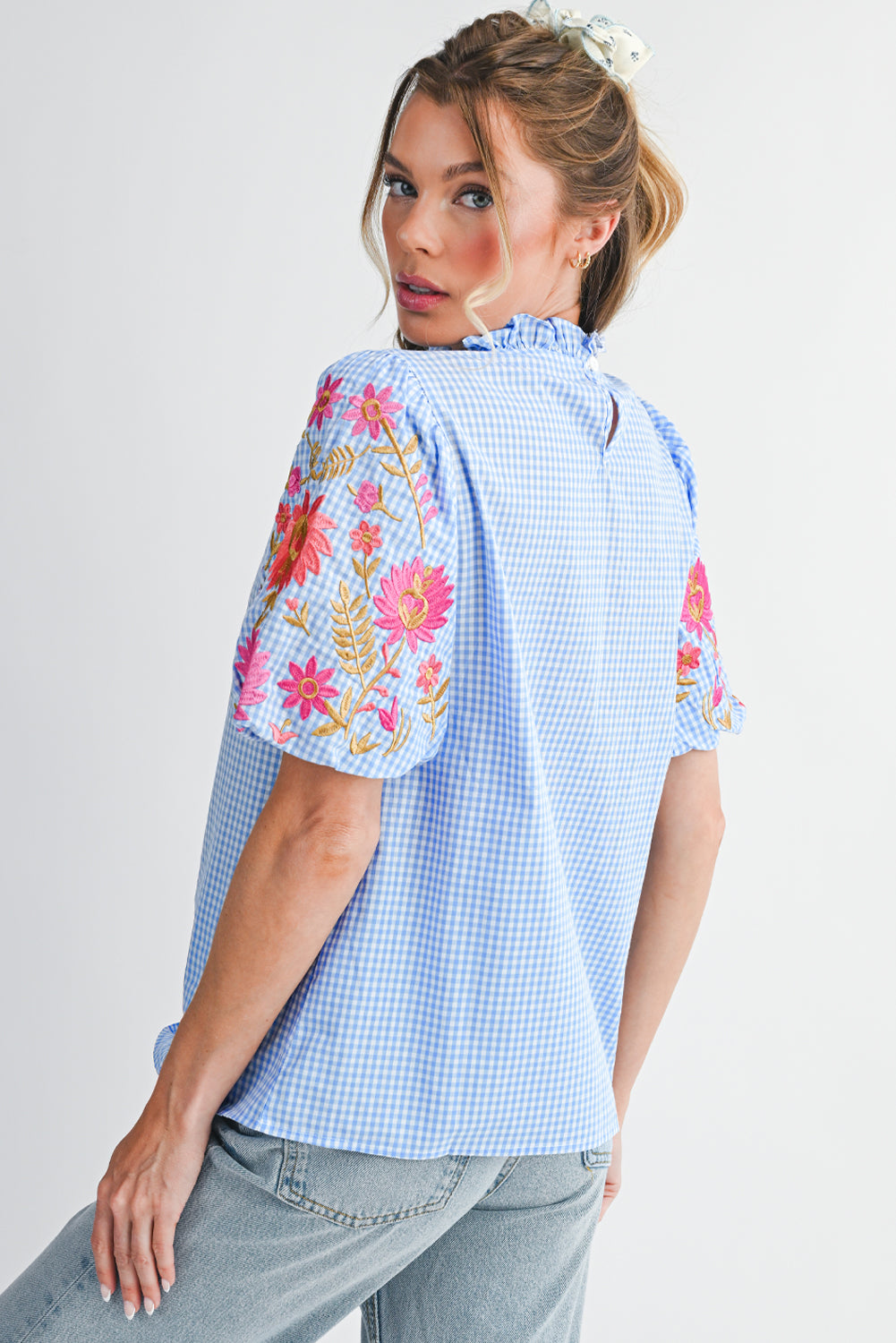 Light Blue Flower Embroidered Puff Sleeve Gingham Blouse