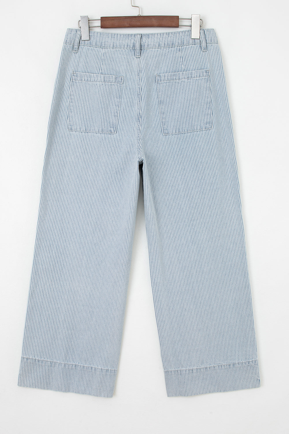 Sky Blue Striped Button Flap Pocket Cuffed Hem Wide Leg Jeans
