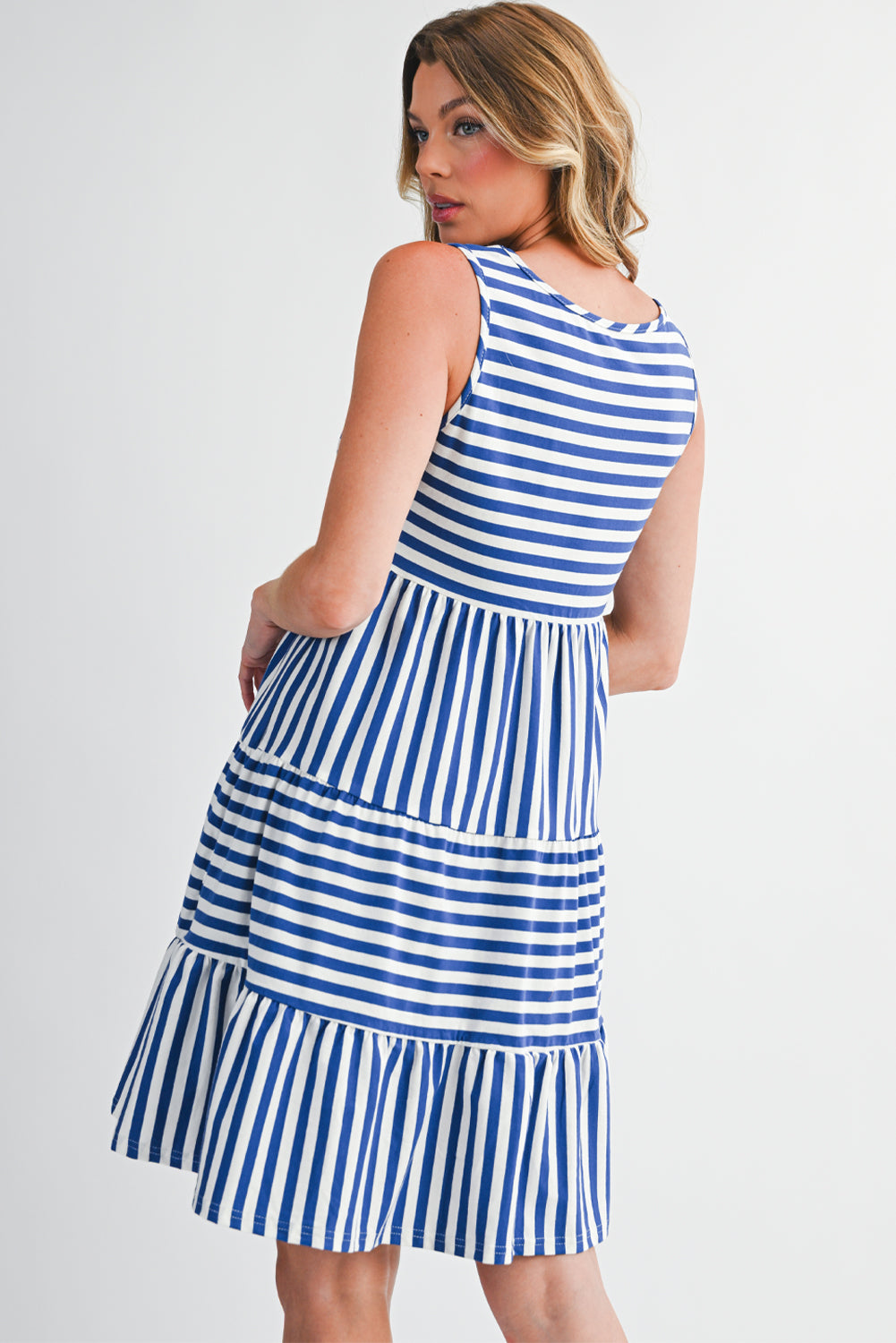 Sky Blue Striped U Neck Sleeveless Loose Fit Mini Dress