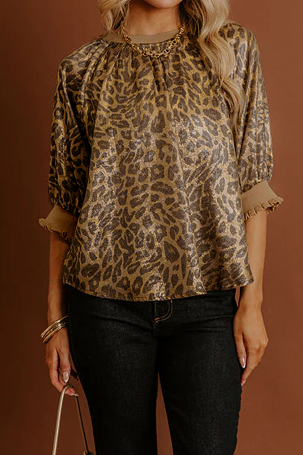 Gold  Half Sleeve Metallic Leopard Print Blouse