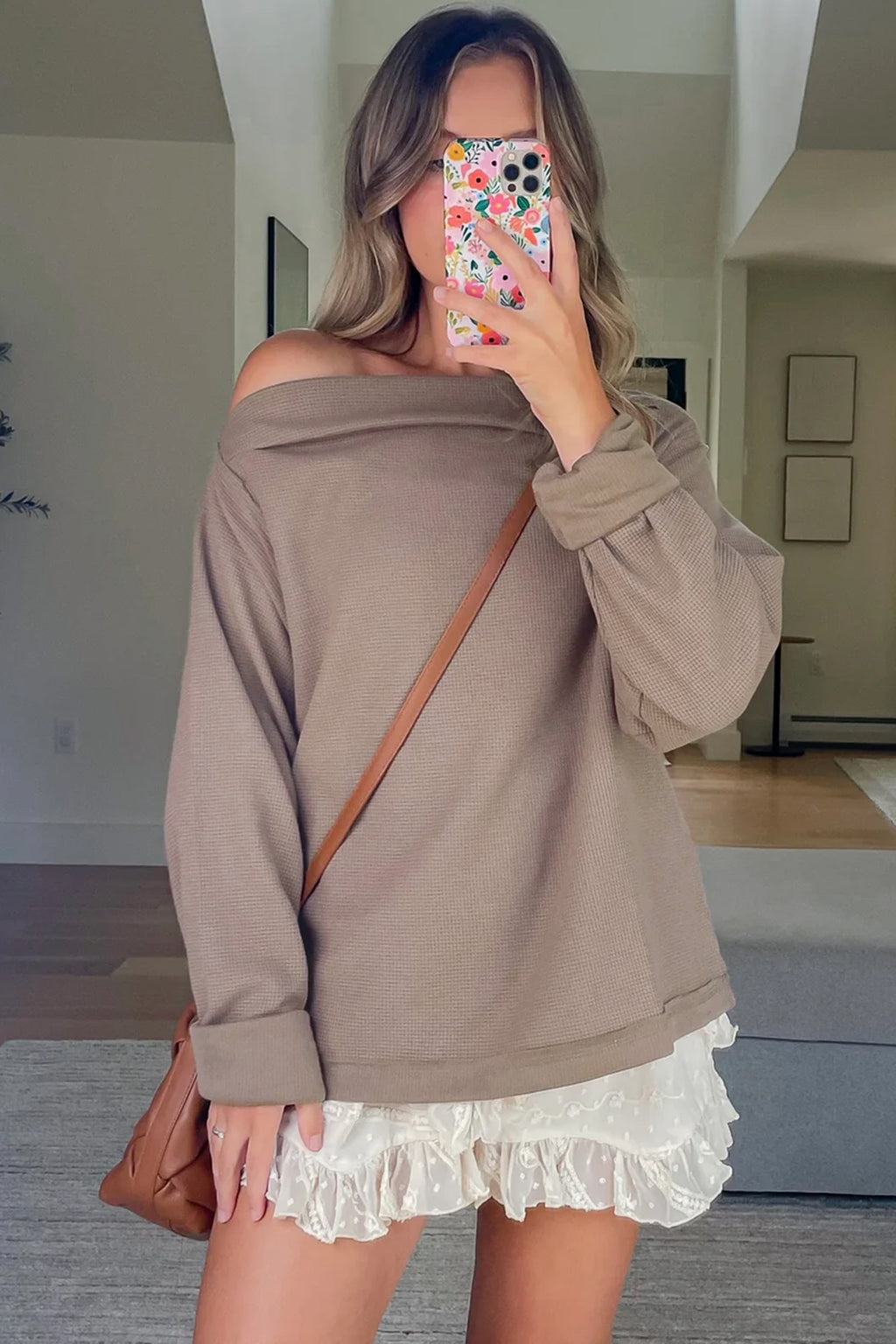 Old Rose Solid Color Waffle Knit Asymmetric Neck Long Sleeve Top