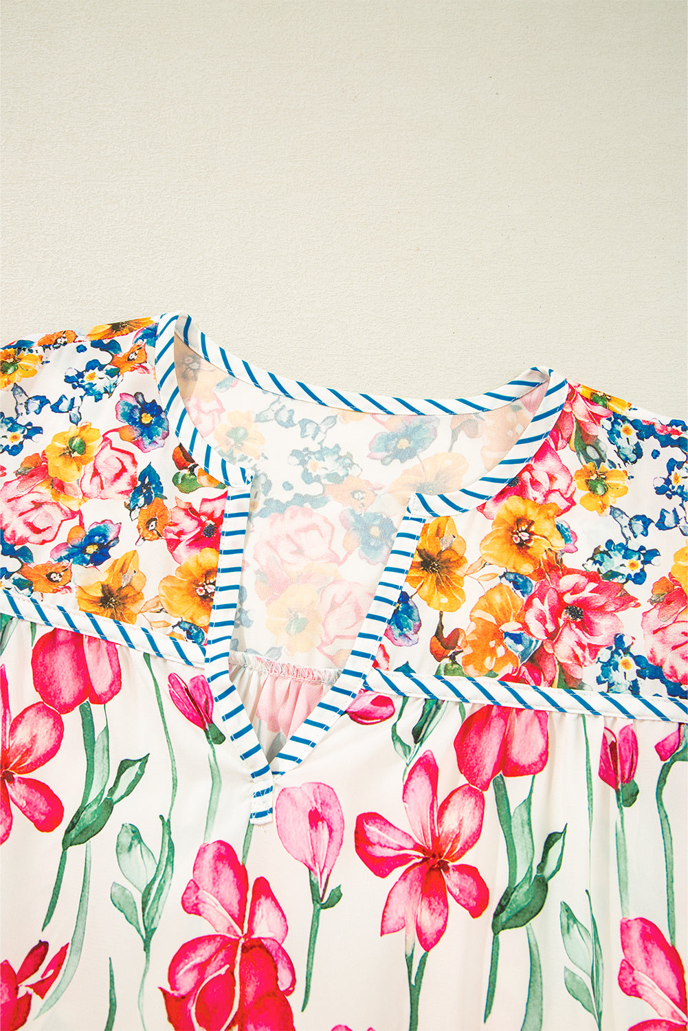 Pink Plus Size Floral Print Striped Trim V Neck Blouse
