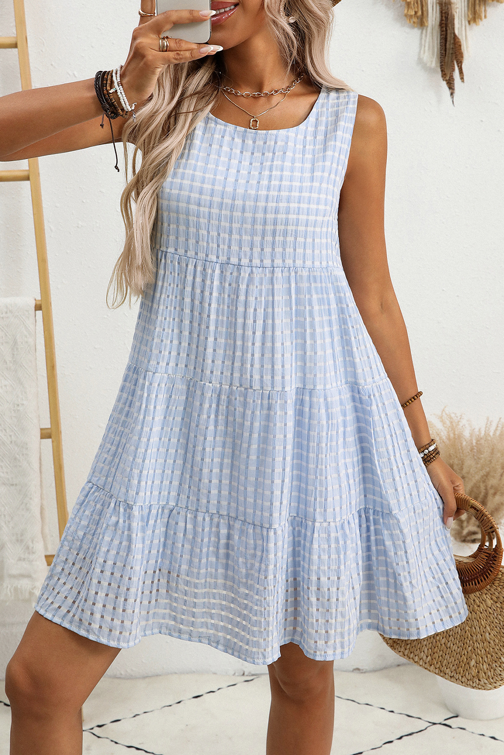 Light Blue Gingham High Waist Sleeveless Mini Dress