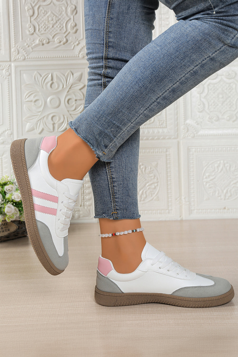 Pink Striped Patchwork Lace Up Sneakers
