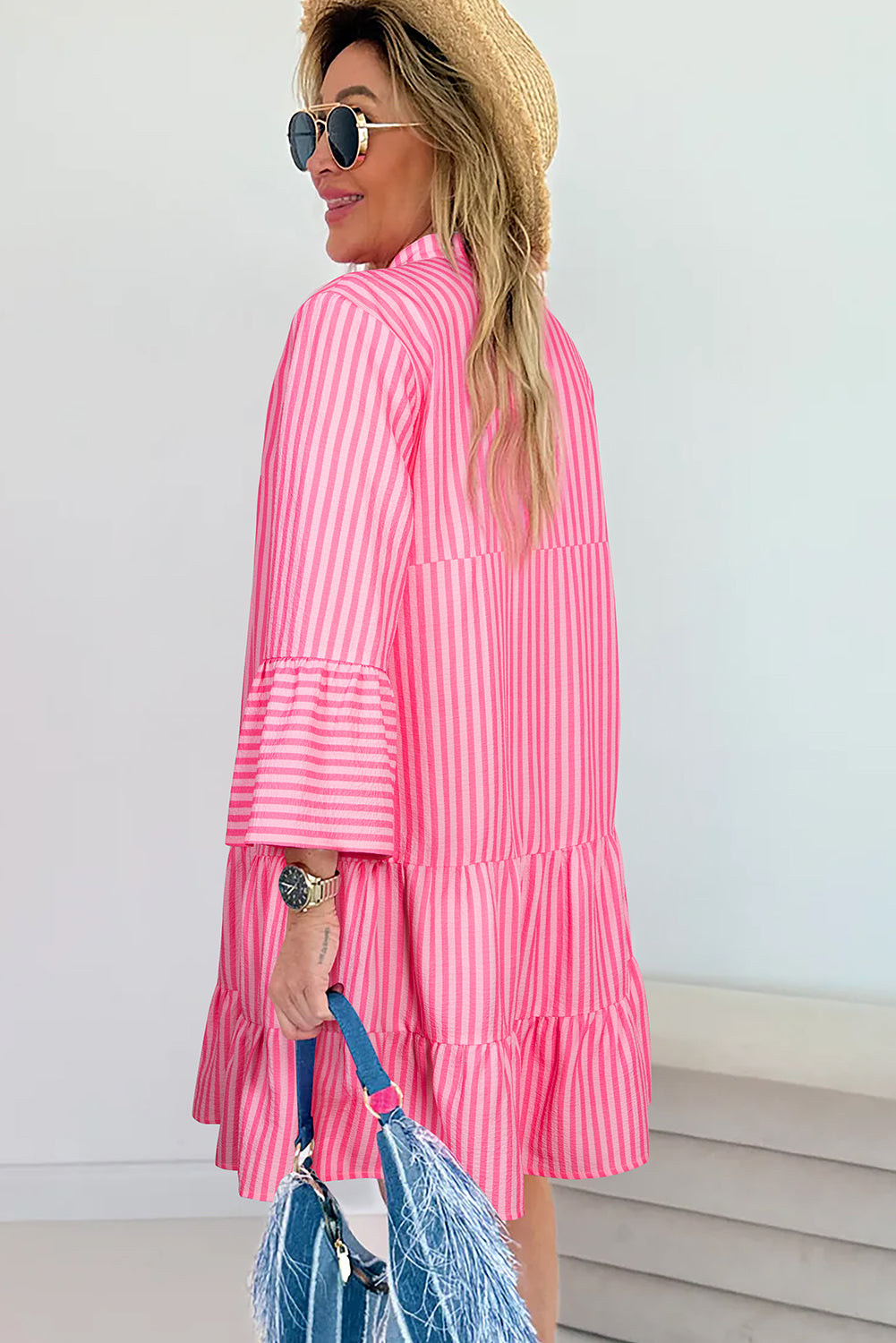 Pink Stripe Flare Sleeve Half Placket Tiered Flowy Mini Dress