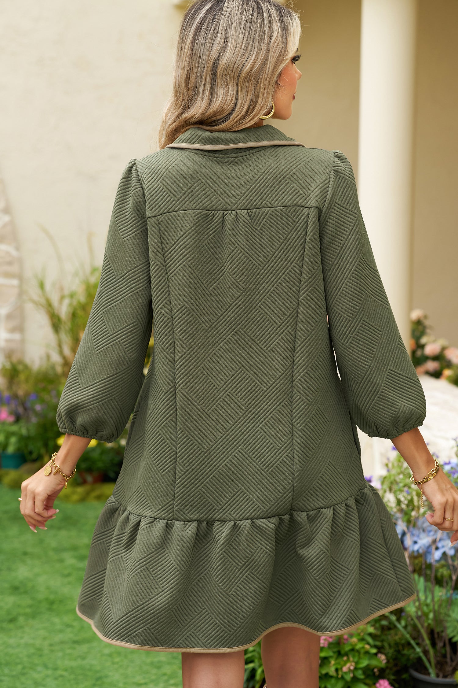 Jungle Green  Quarter Zip Collar Bracelet Sleeve Textured Mini Dress