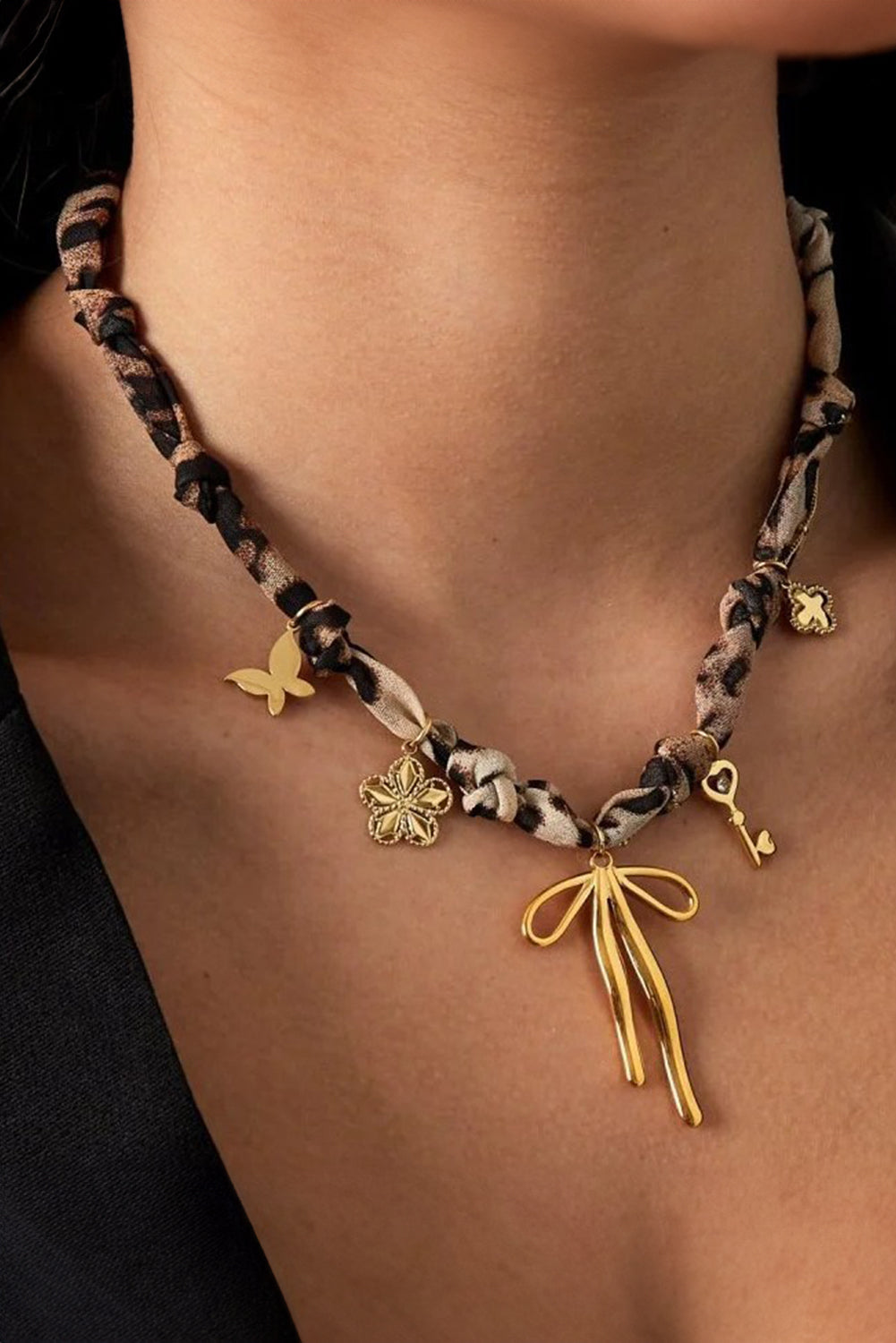 Gold Heart Cross Flower Bow Charm Leopard Scarf Necklace