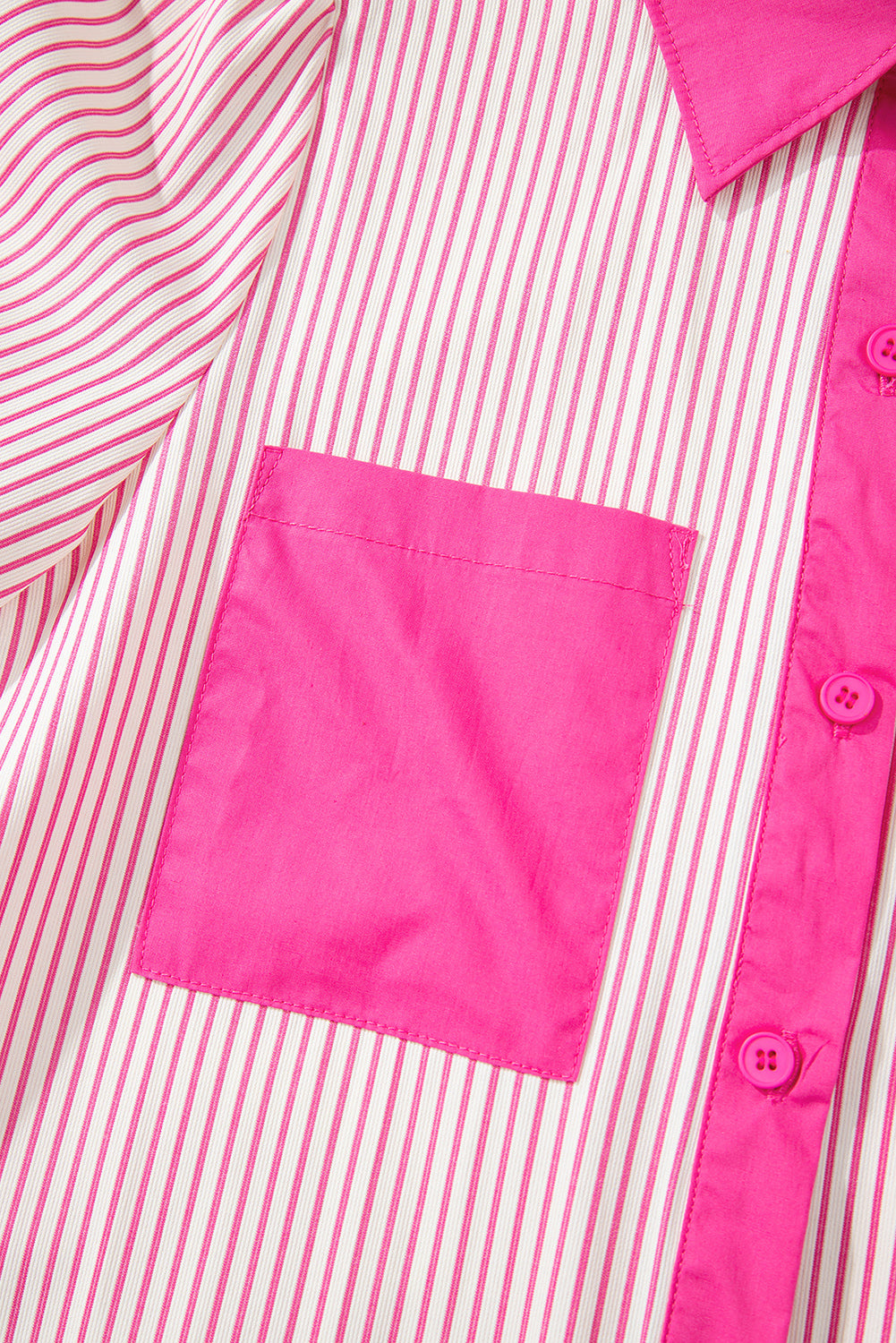 Rose Stripe Color Block Patchwork Shirt Collar Button Down Puff Sleeve Mini Dress