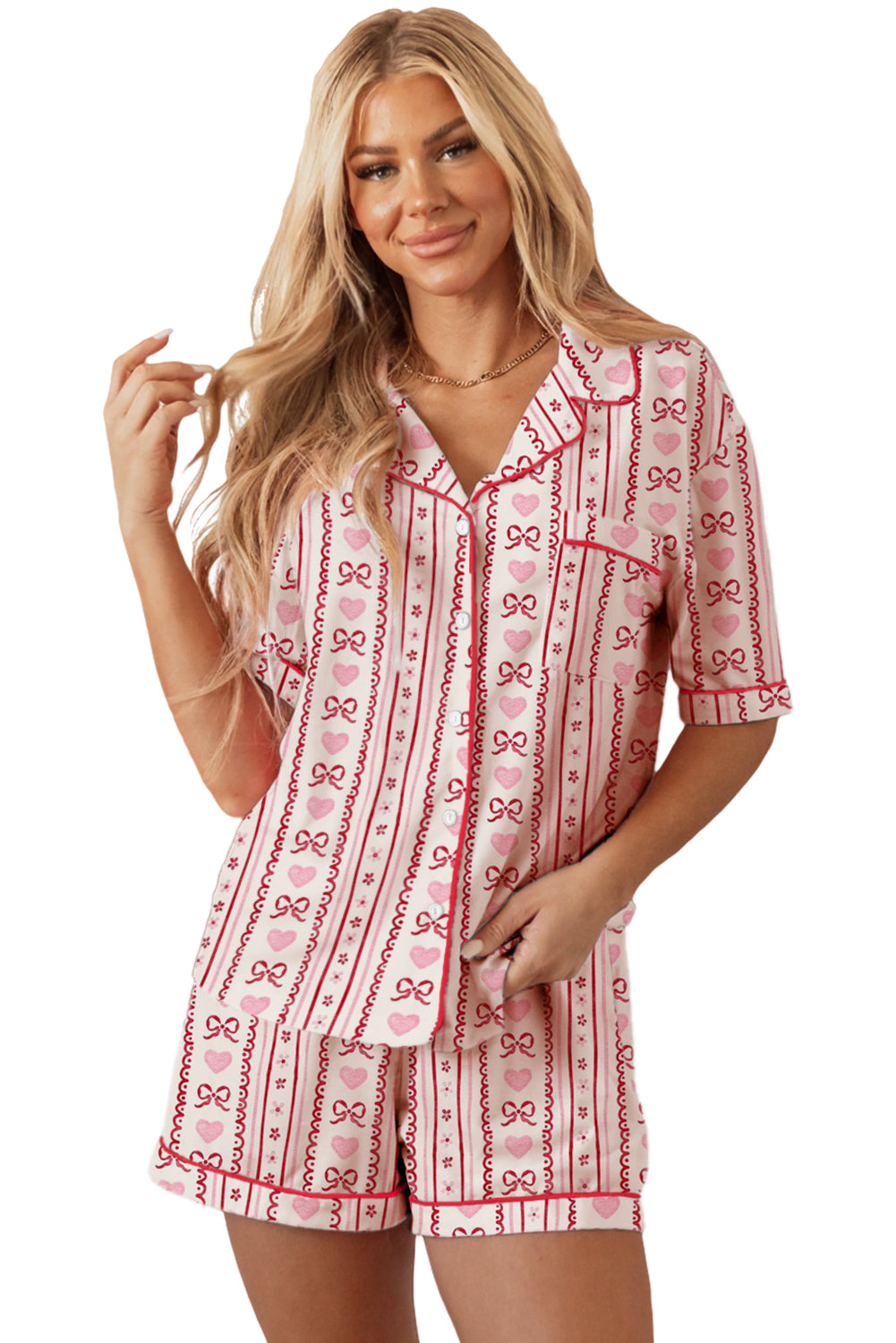 Red Cute Valentine Bow Heart Print Ribbon Decor Pajama Set