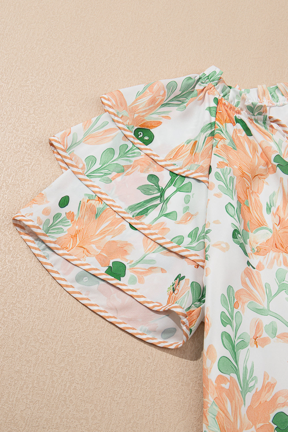 Orange Floral Contrast Edge Ruffle Sleeve Tie Neck Mini Dress
