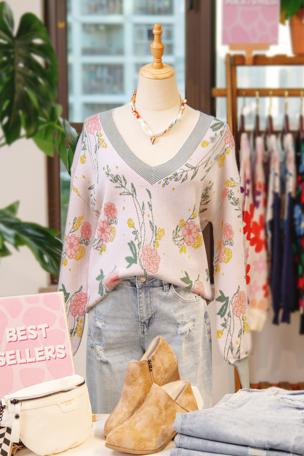 Pink Floral Striped Colorblock V Neck Loose Sweater