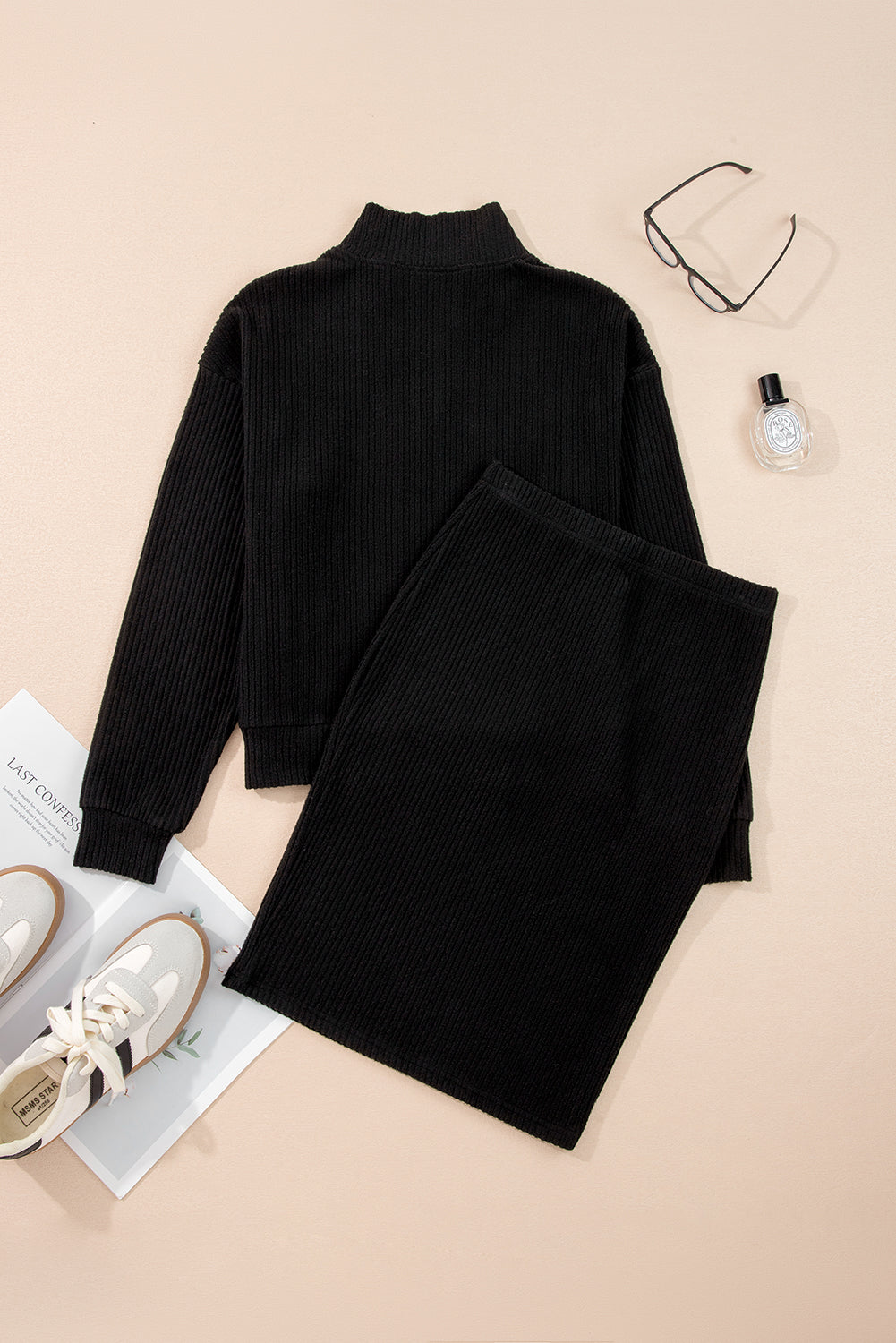 Black Ribbed Zip Neck Drop Shoulder Pullover Bodycon Skirt Set