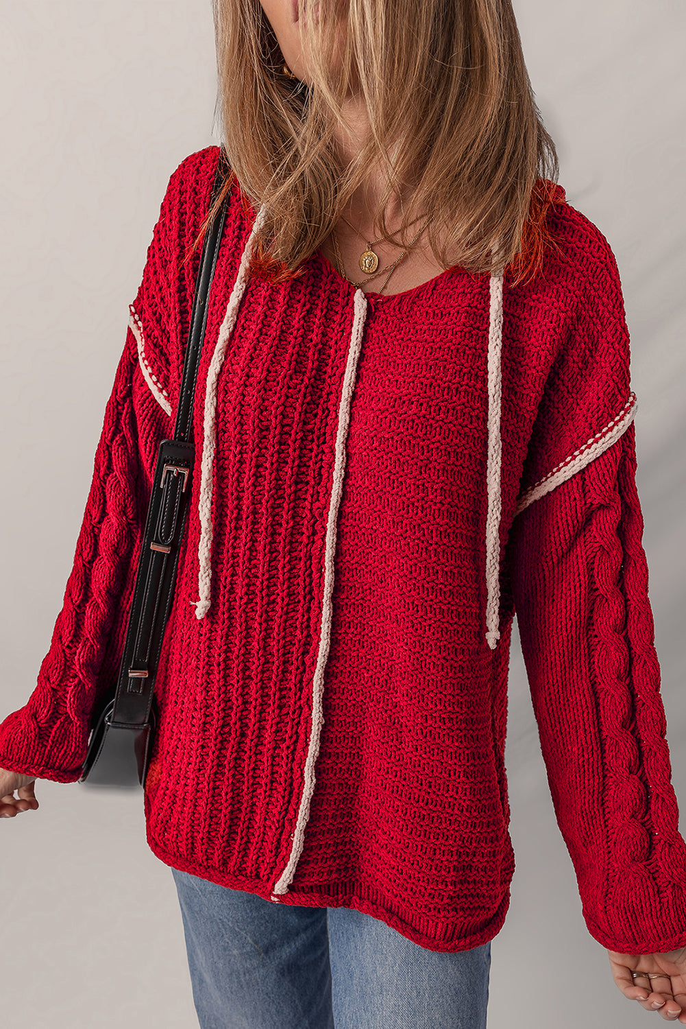 Racing Red Contrast Trim Textured Knit Drawstring Hooded Sweater