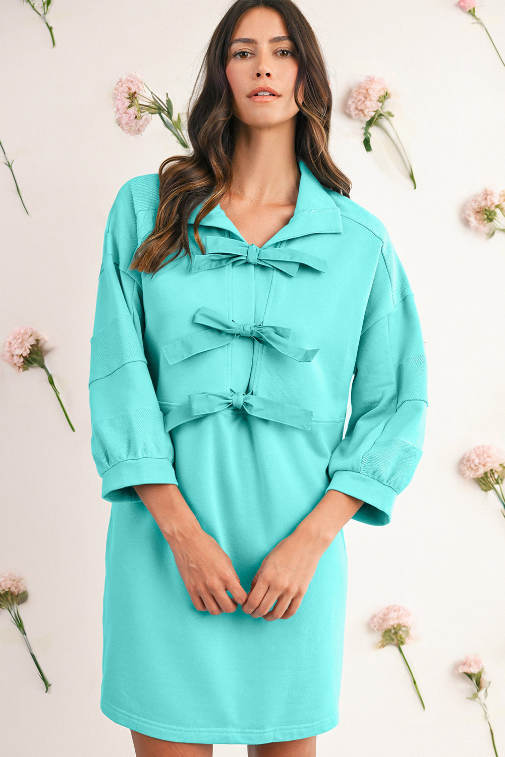 Moonlight Jade Bow Front Patchwork Bracelet Sleeve Mini Dress