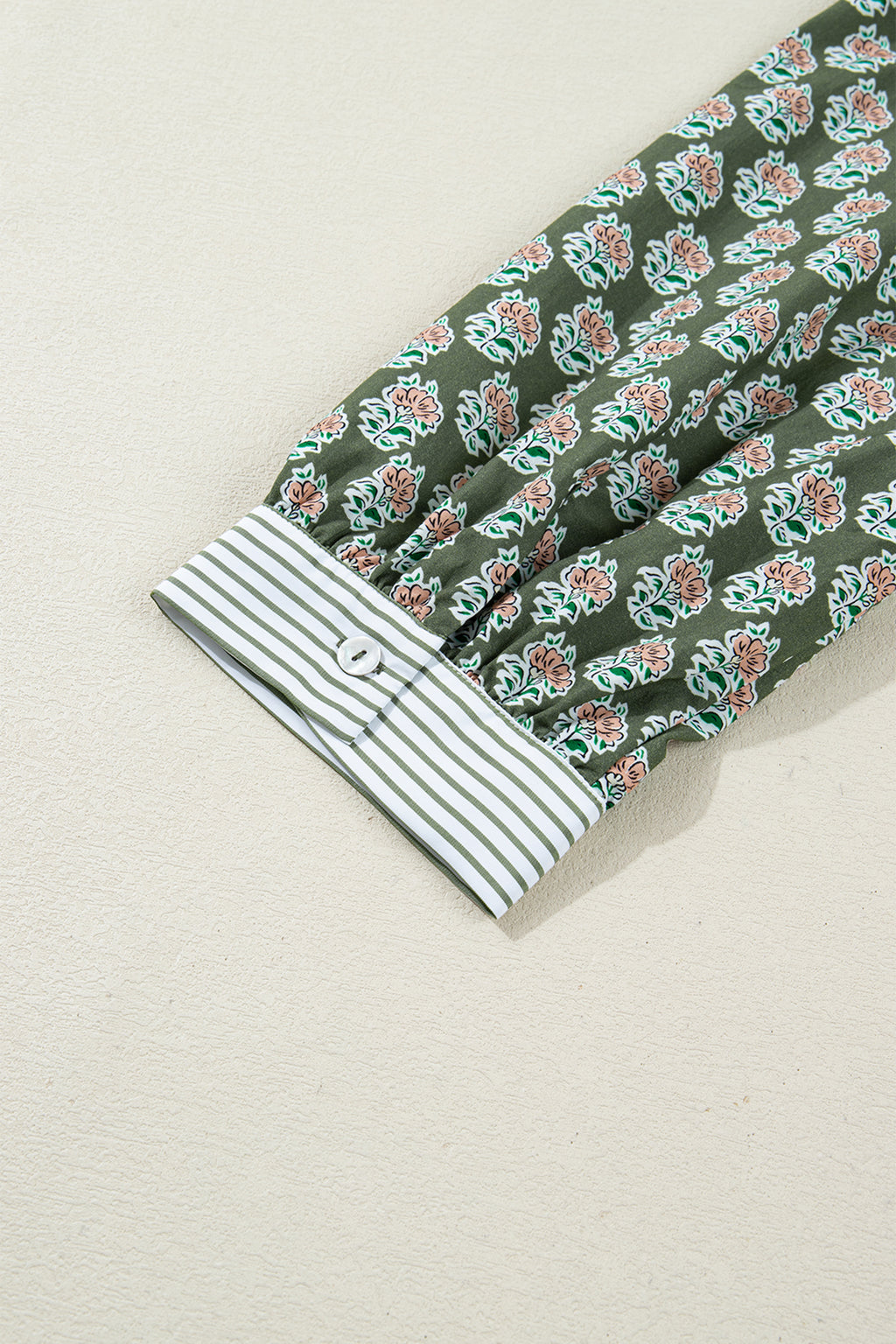 Green Contrast Striped Frilled Collar 3/4 Sleeve Plus Size Floral Dress