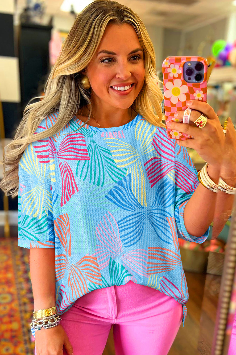 Sky Blue Bowknot Print Waffle Loose Tee