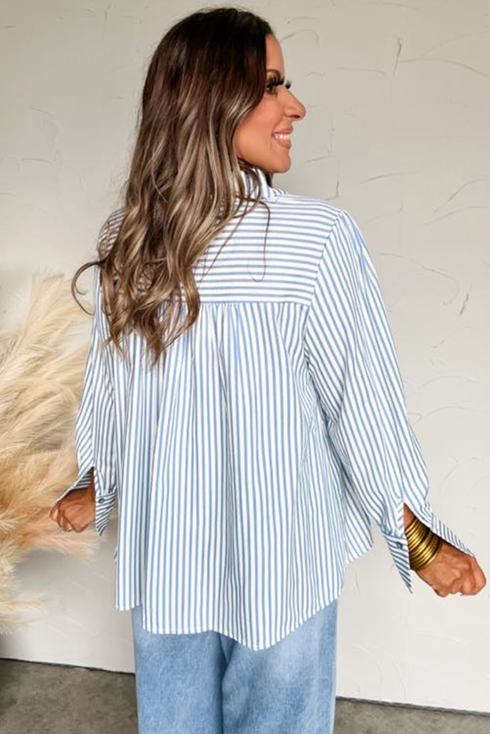 Sky Blue Striped Smocked Long Sleeve Quarter Button Shirt