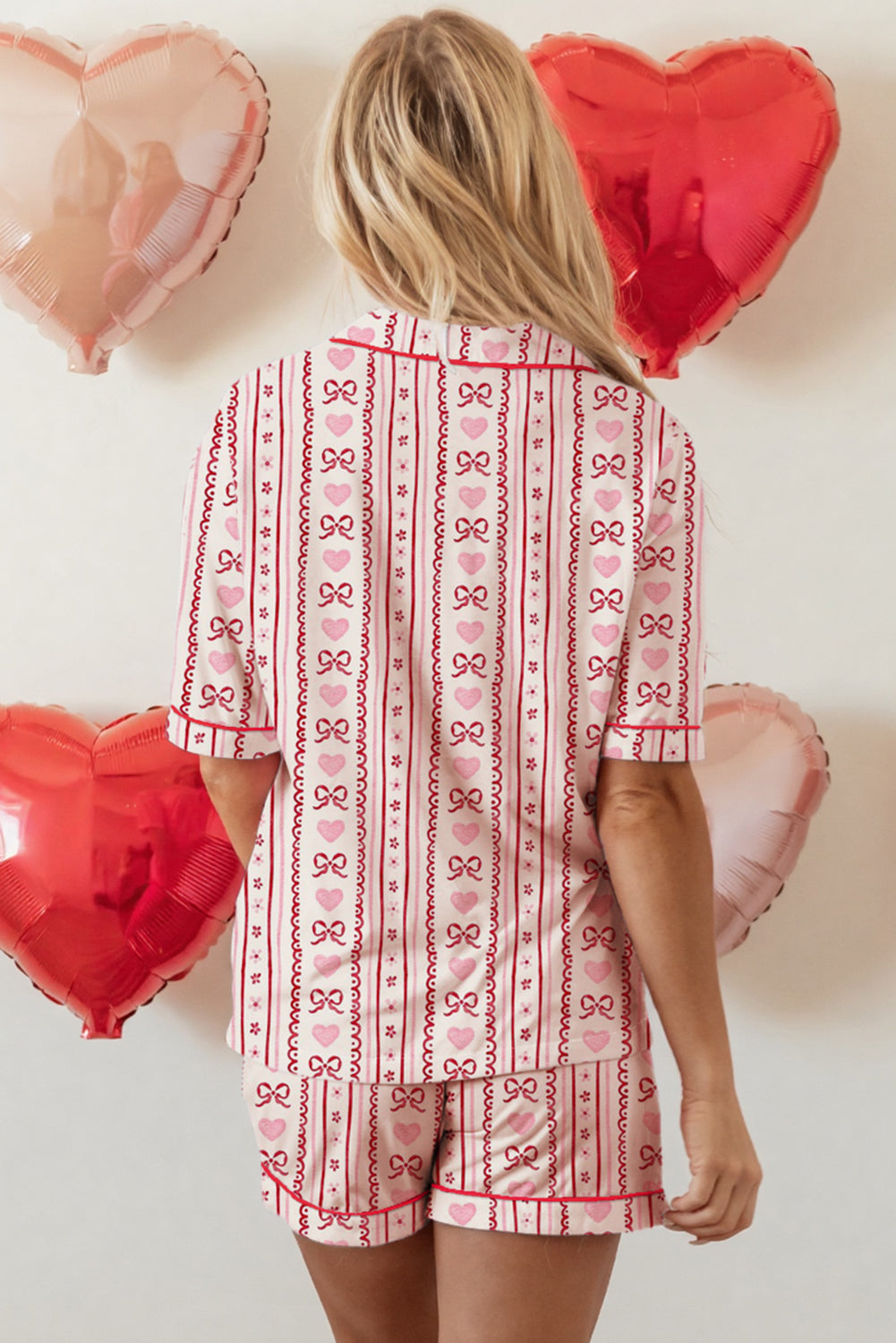 Red Cute Valentine Bow Heart Print Ribbon Decor Pajama Set