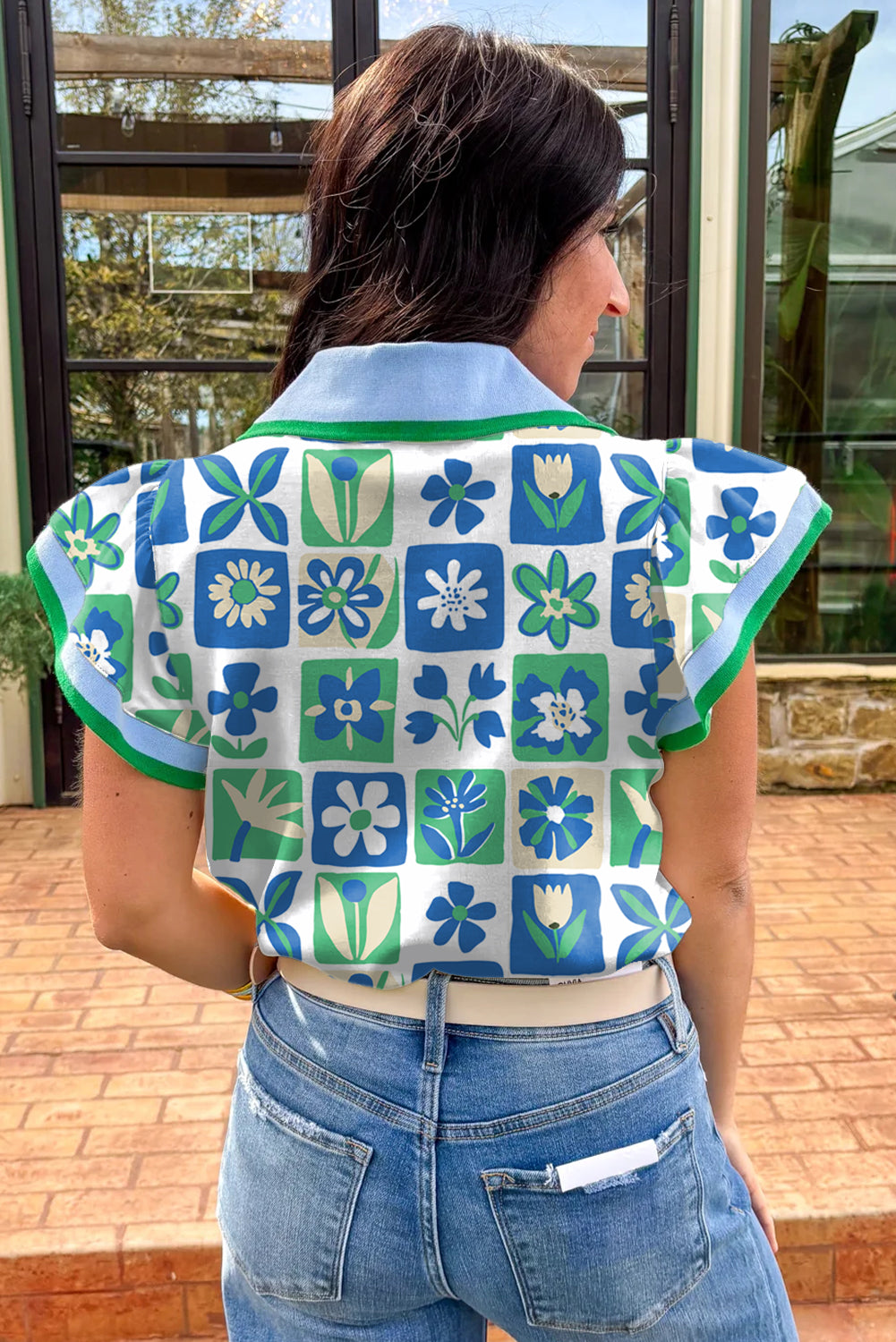 Green Floral Plaid Colorblock Flutter Sleeve Blouse