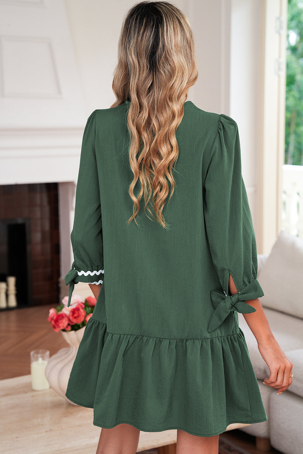 Canton Contrast Ricrac Trim Button V Neck Knotted Bracelet Sleeve Dress