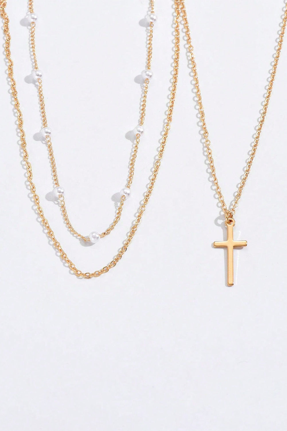 Gold Retro Multi-Layer Pearl and Cross Pendant Necklace Set