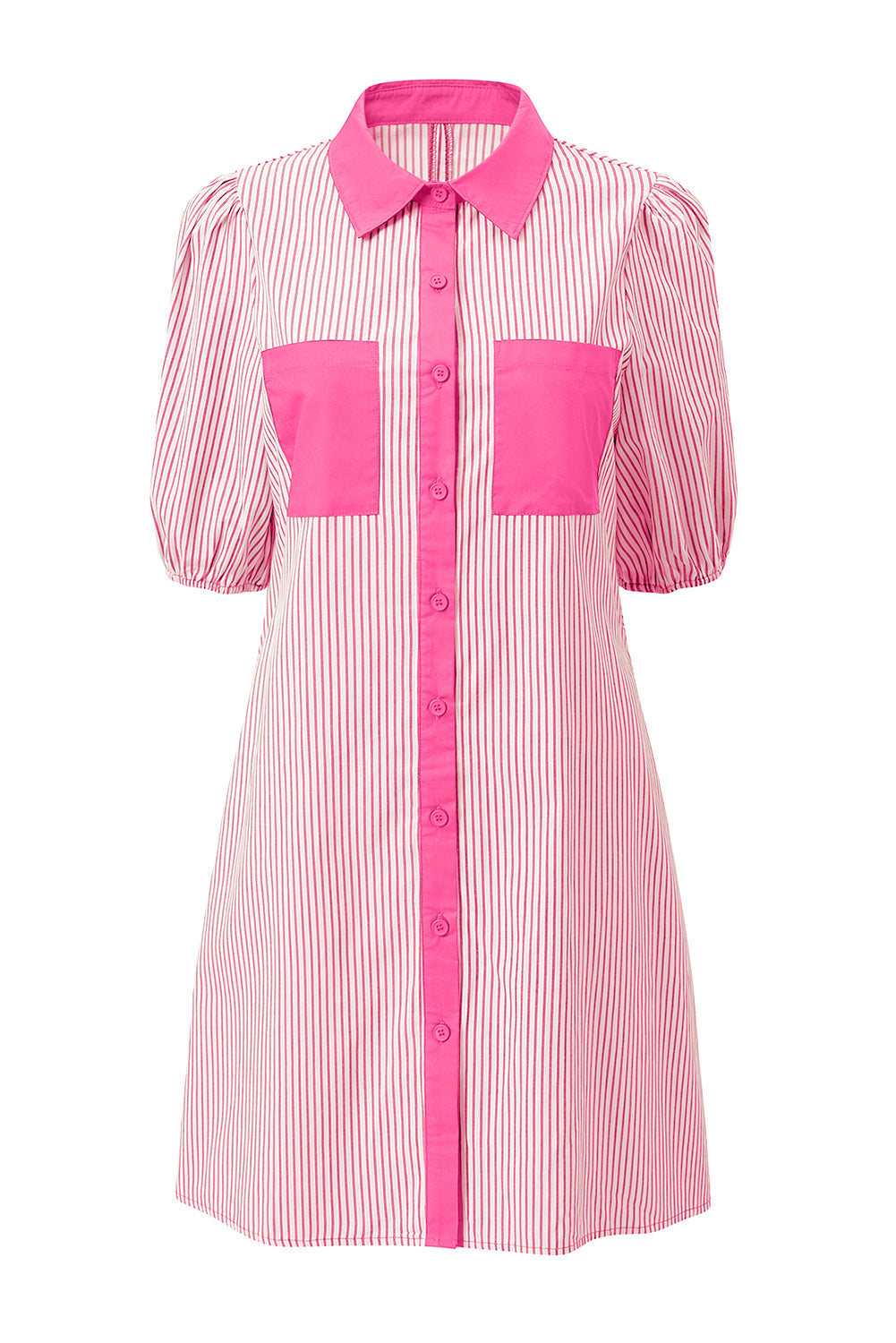Rose Stripe Color Block Patchwork Shirt Collar Button Down Puff Sleeve Mini Dress