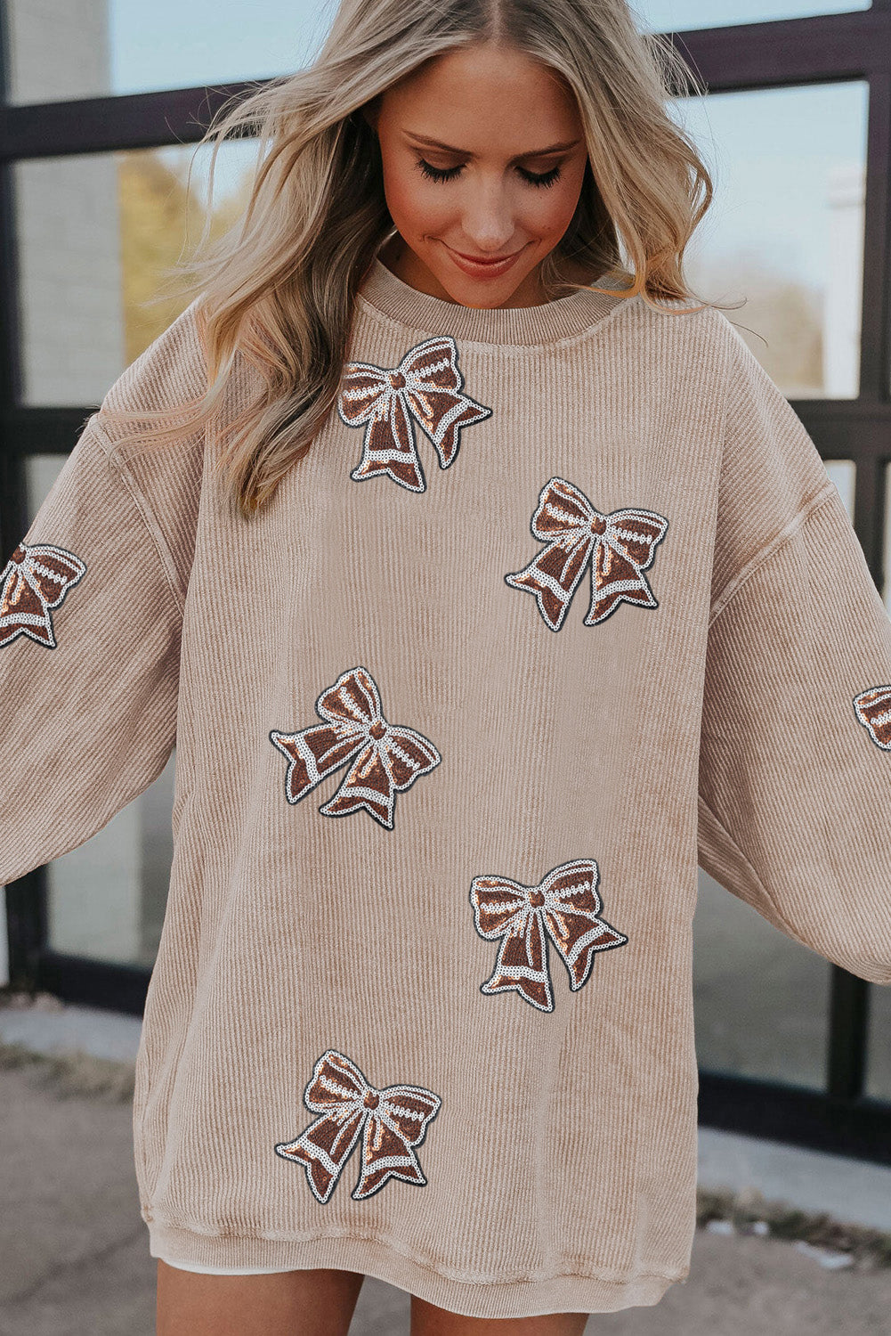 Apricot Game Day Bow Sequins Patch Corded Oversized Sweatshirt