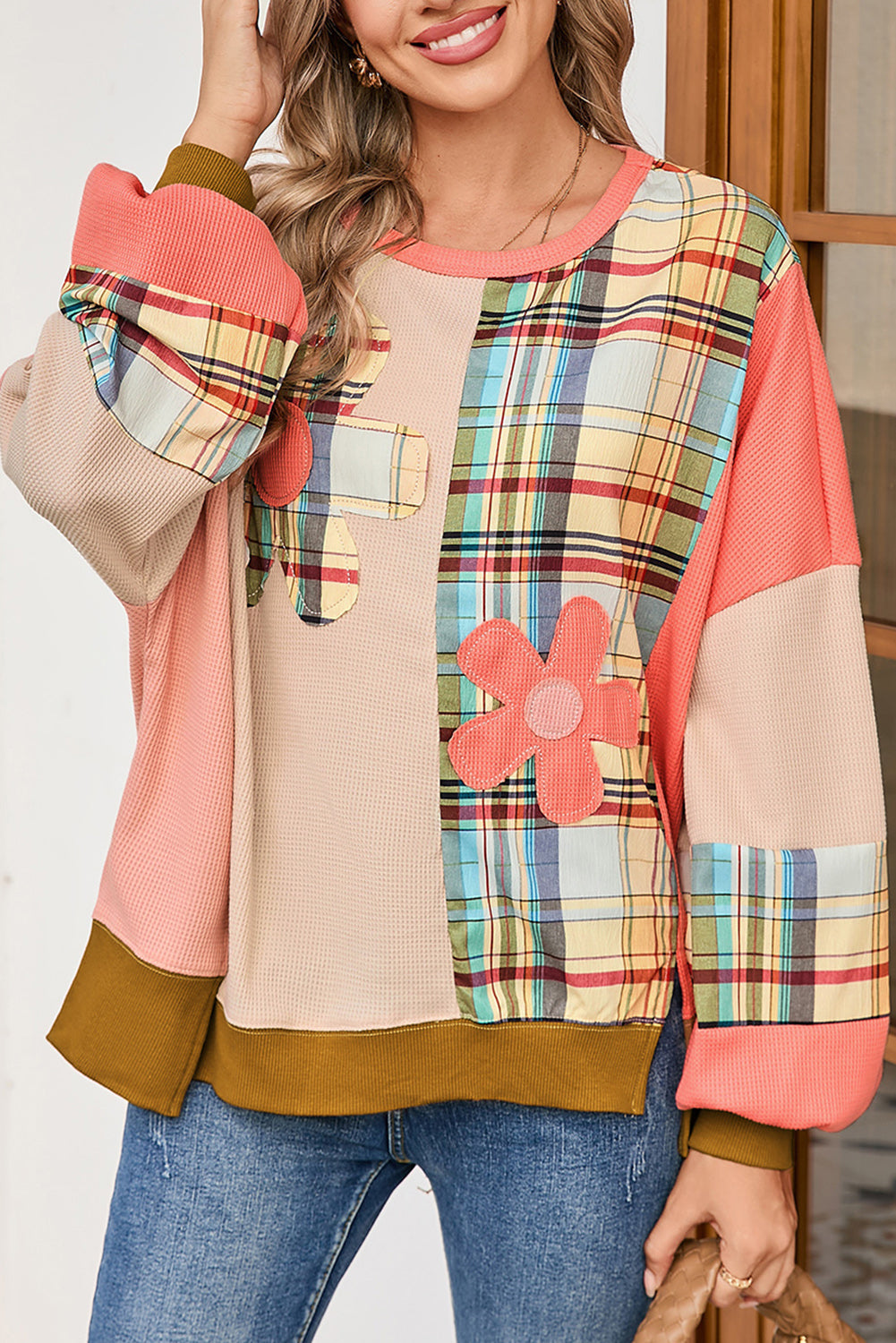 Multicolor Plaid Flower Patchwork Waffle Drop Shoulder Loose Top