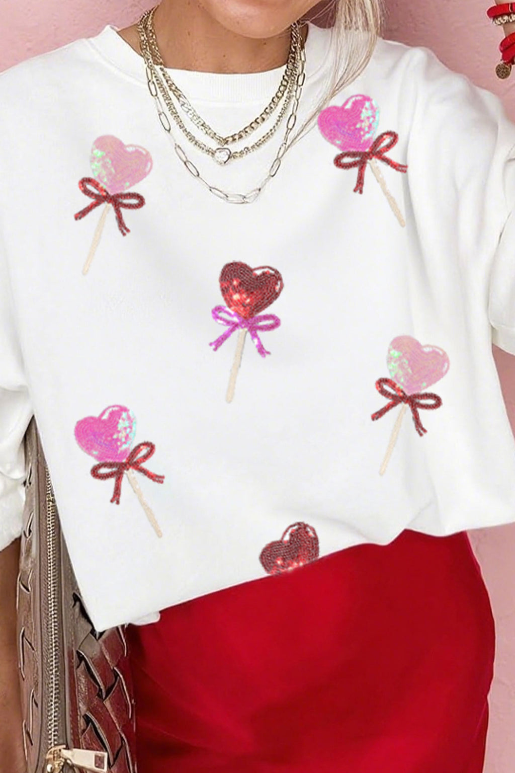 White Sequin Bow Heart Shape Lolly Valentines Day Graphic Sweatshirt