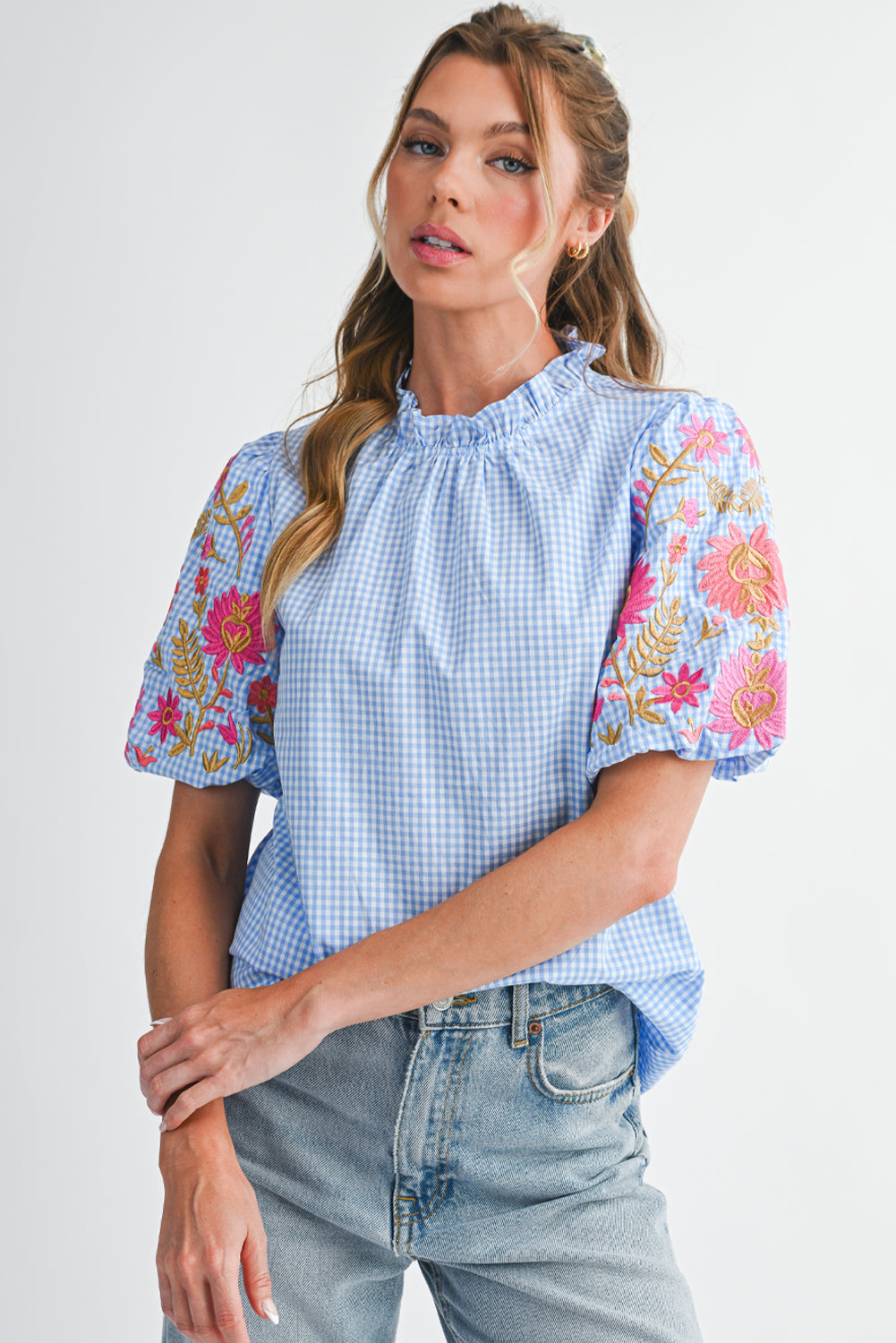 Light Blue Flower Embroidered Puff Sleeve Gingham Blouse