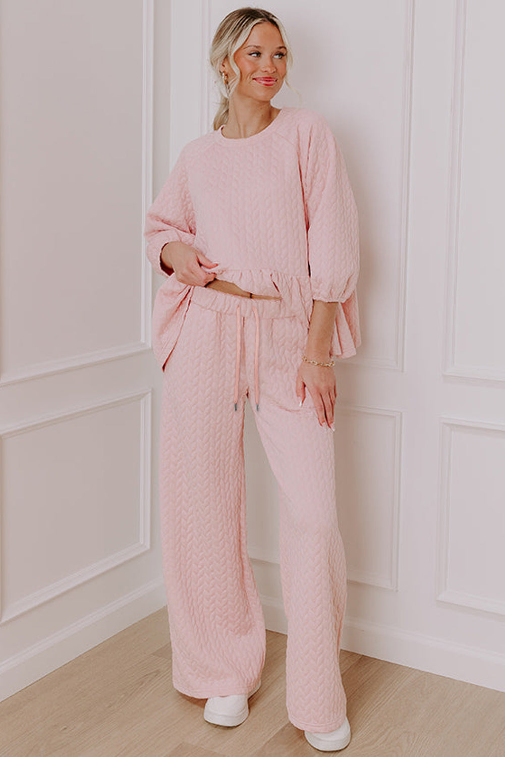 Delicacy Braided Texture Ruffle Hem Top Drawstring Loose Pants Set