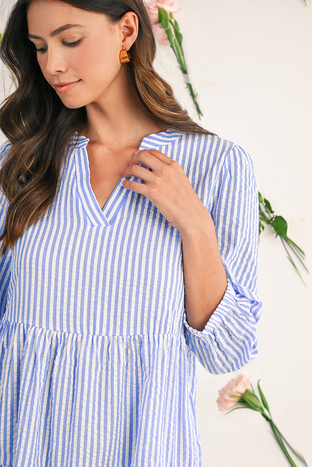 Sky Blue Striped Textured Bracelet Sleeve Tiered Mini Dress