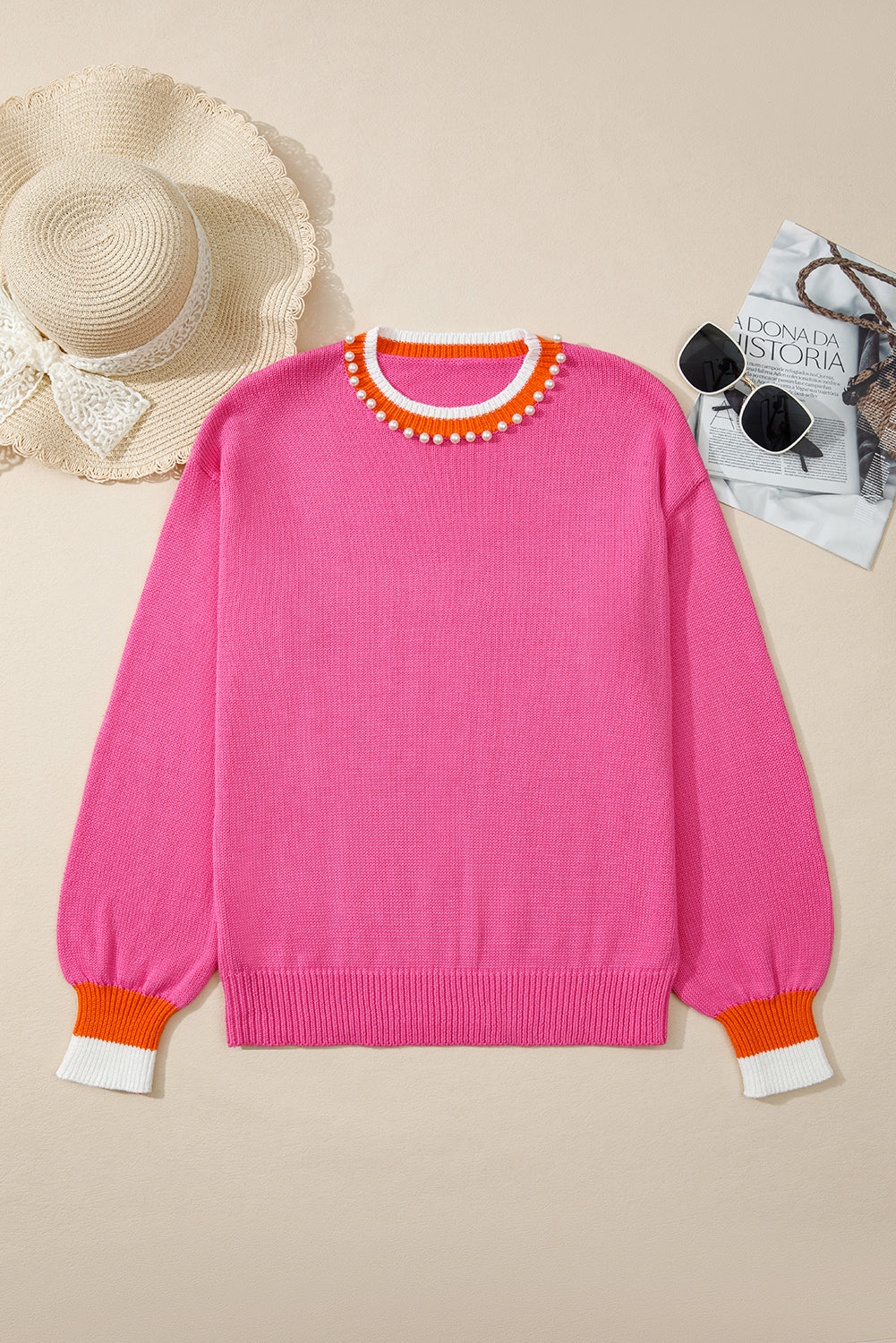 Sachet Pink Contrast Collar Pearl Decor Sweater
