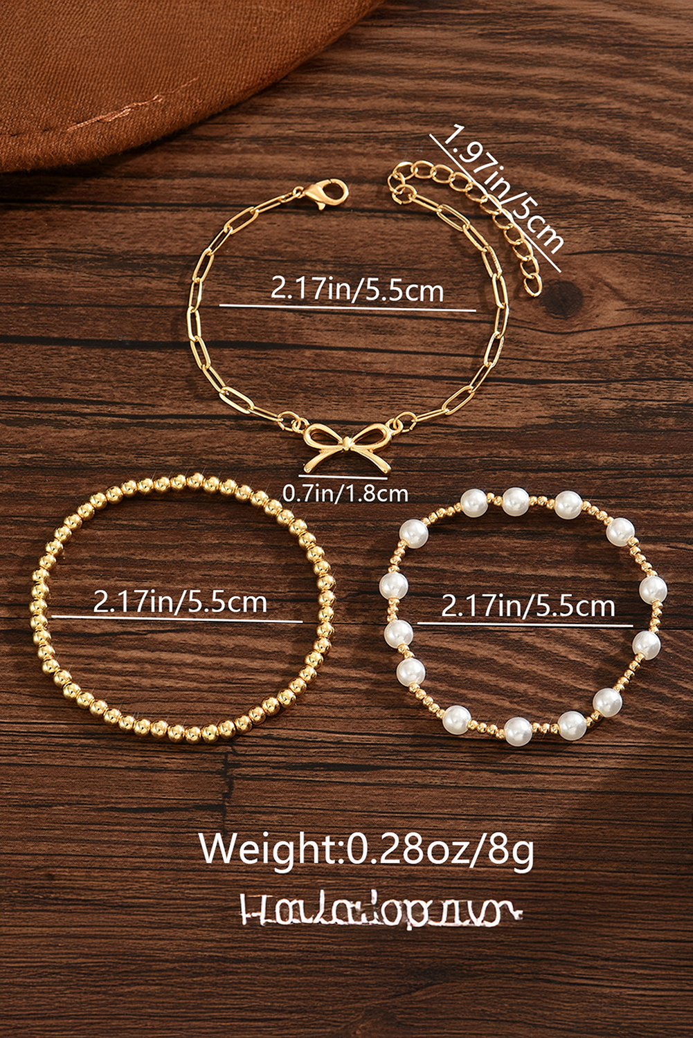 Gold Pearl Bead Bow Charm Layered Bracelet Set