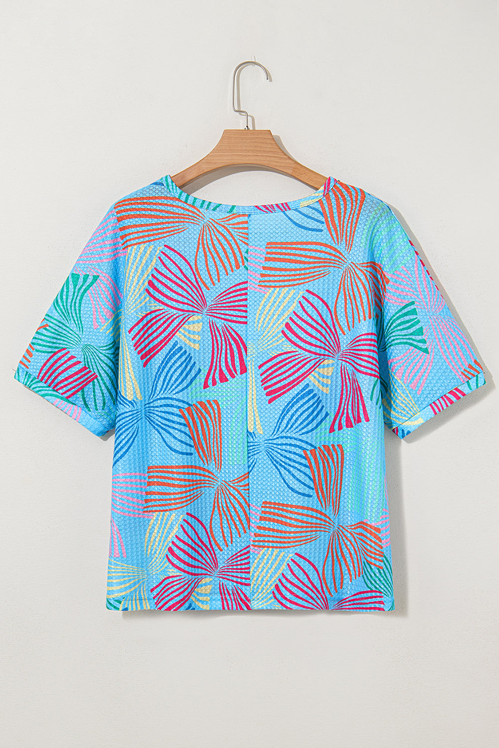 Sky Blue Bowknot Print Waffle Loose Tee