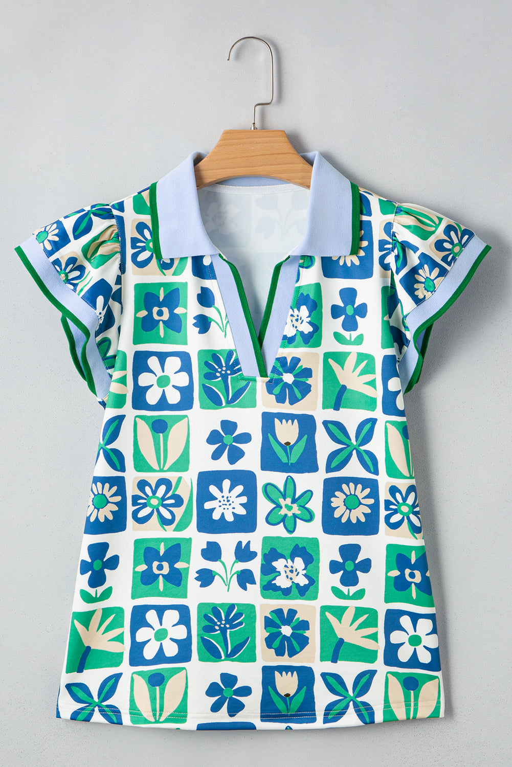 Green Floral Plaid Colorblock Flutter Sleeve Blouse