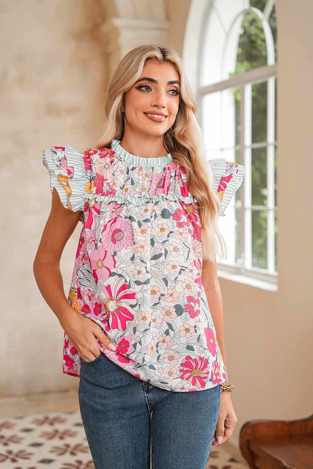 Pink Floral Print Ruffle Trim Pleated Boho Blouse