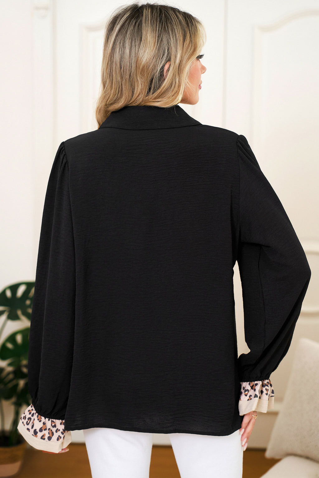 Black Leopard Contrast V Neck Long Sleeve Blouse
