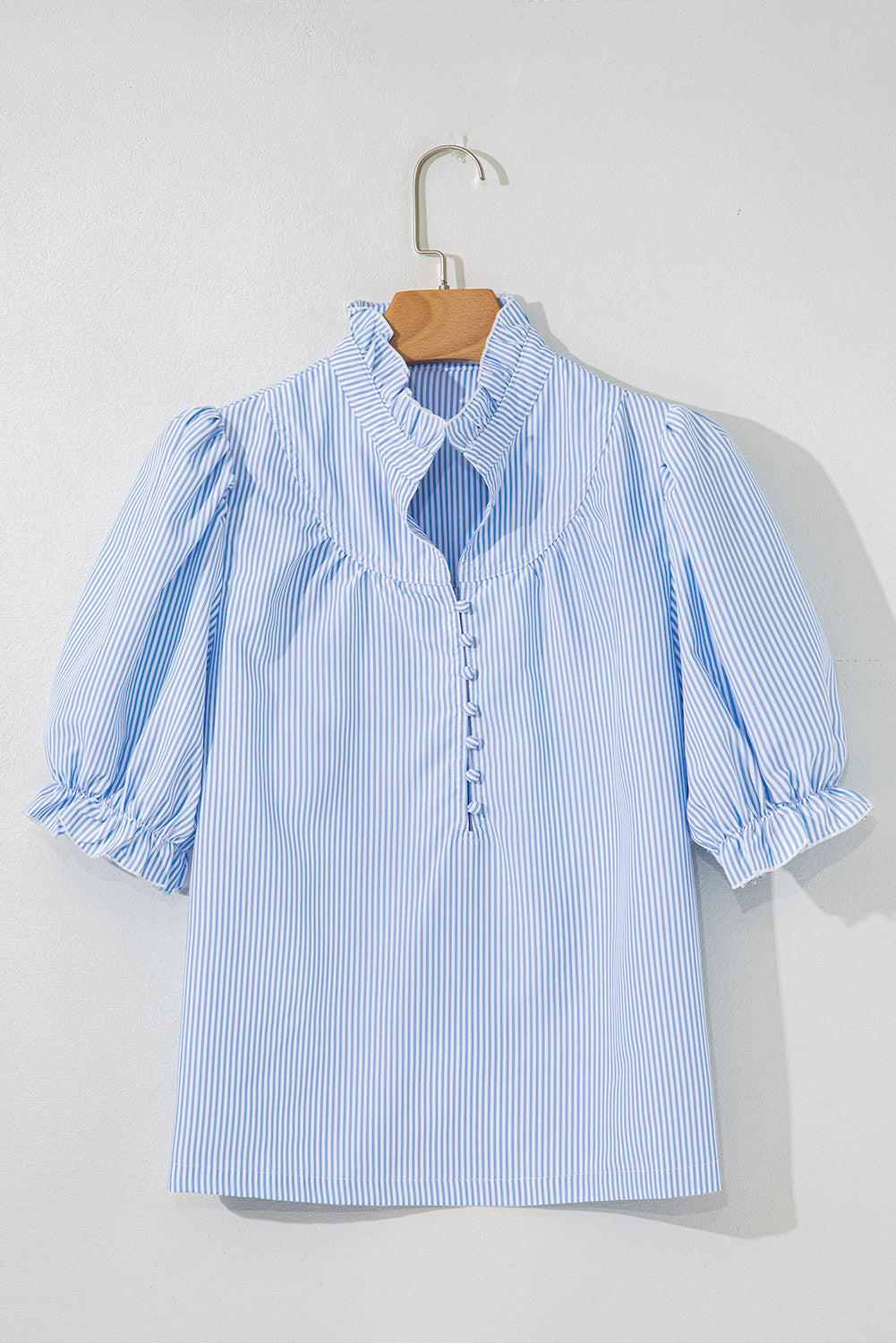 Sky Blue Striped Frill Neck Puff Sleeve Blouse