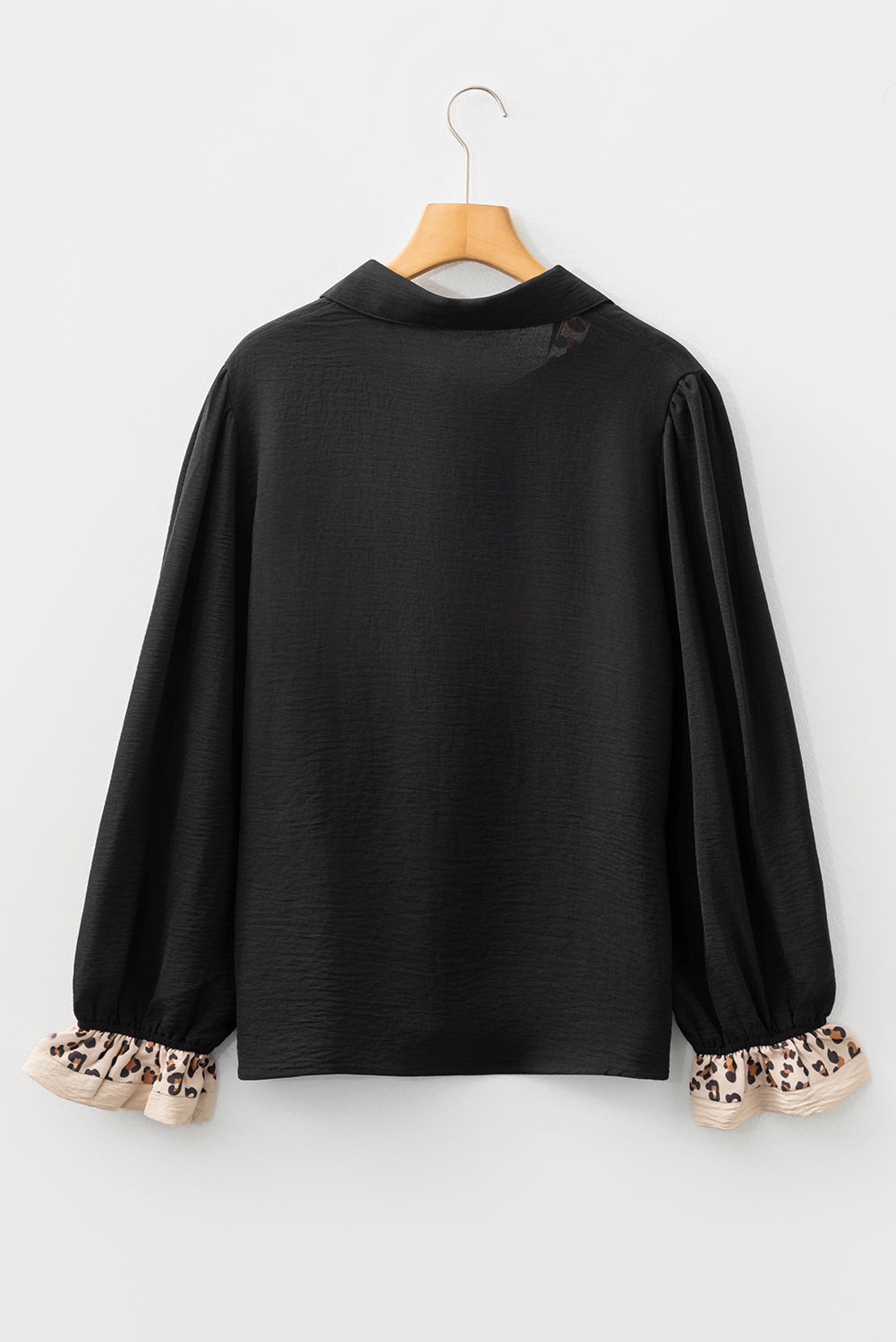 Black Leopard Contrast V Neck Long Sleeve Blouse