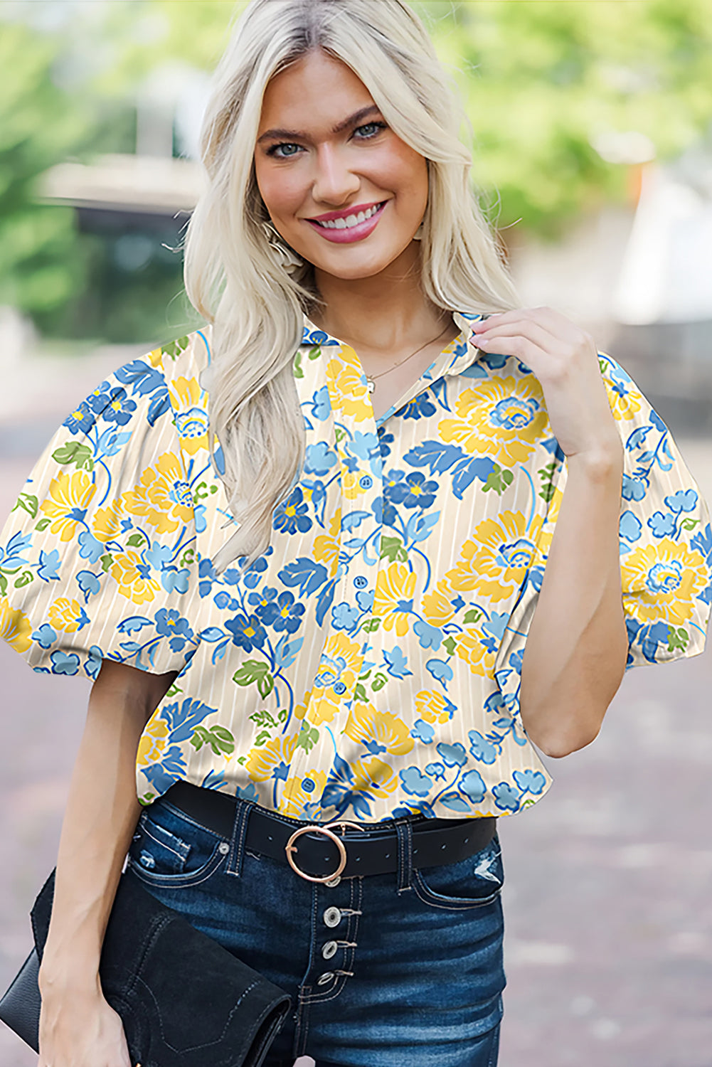 Blue Floral Striped Mixed Print Puff Sleeve Blouse