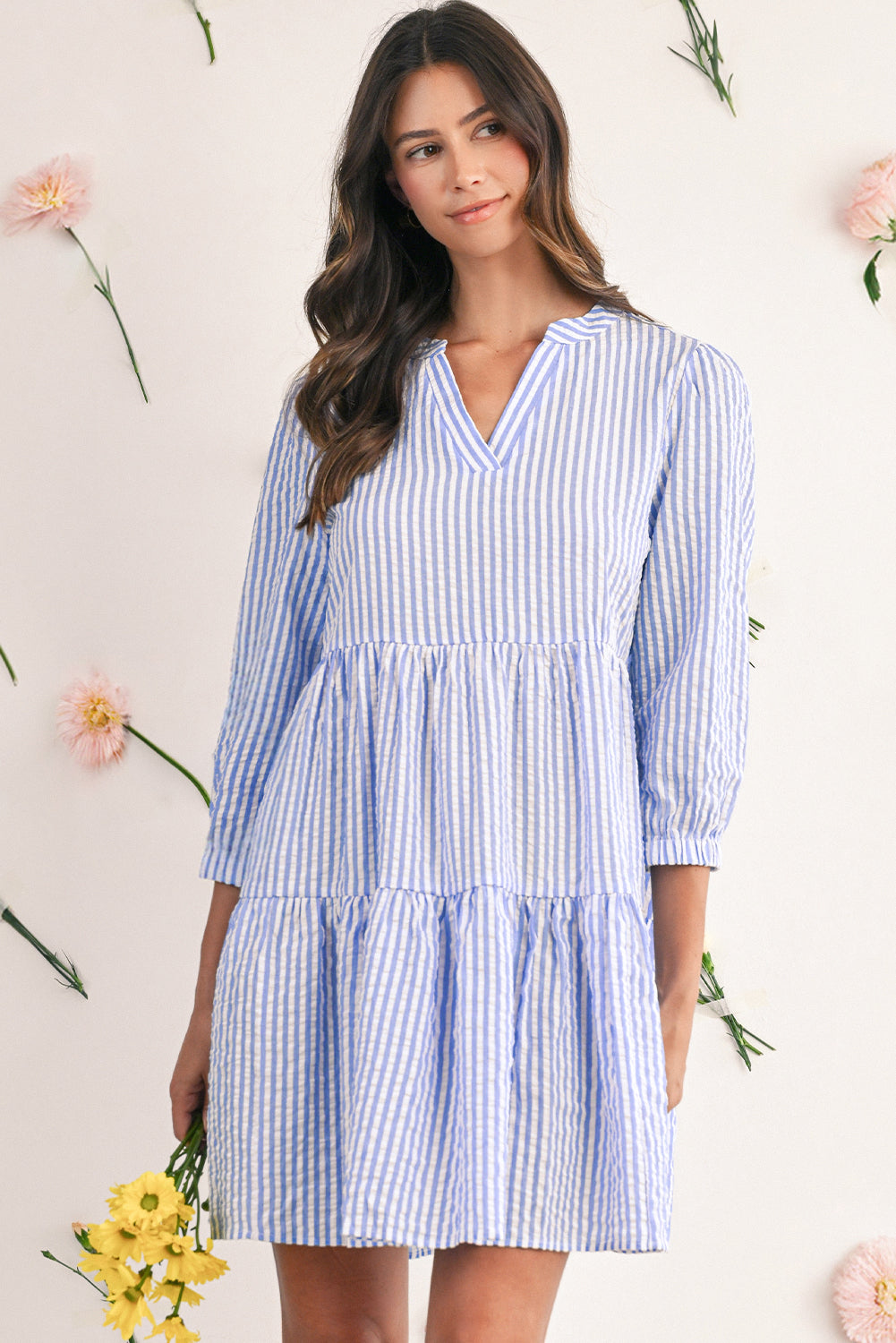 Sky Blue Striped Textured Bracelet Sleeve Tiered Mini Dress