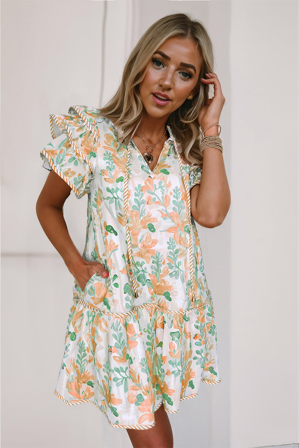 Orange Floral Contrast Edge Ruffle Sleeve Tie Neck Mini Dress