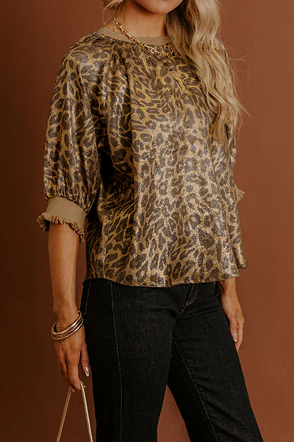 Gold  Half Sleeve Metallic Leopard Print Blouse