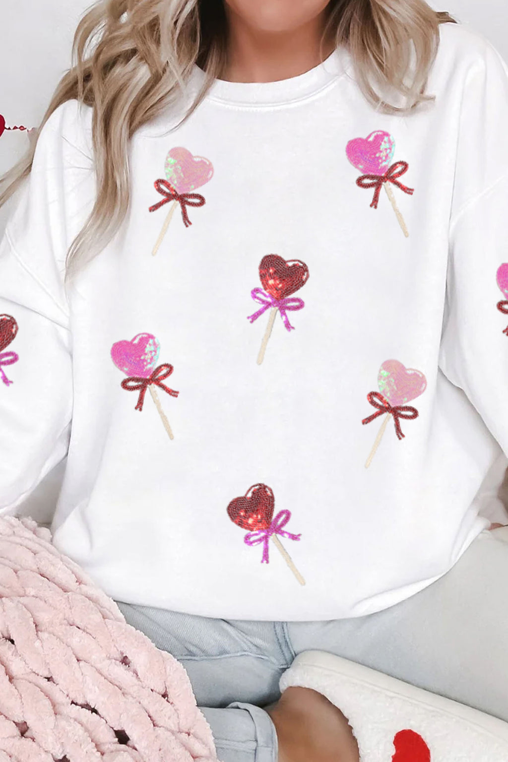 White Sequin Bow Heart Shape Lolly Valentines Day Graphic Sweatshirt