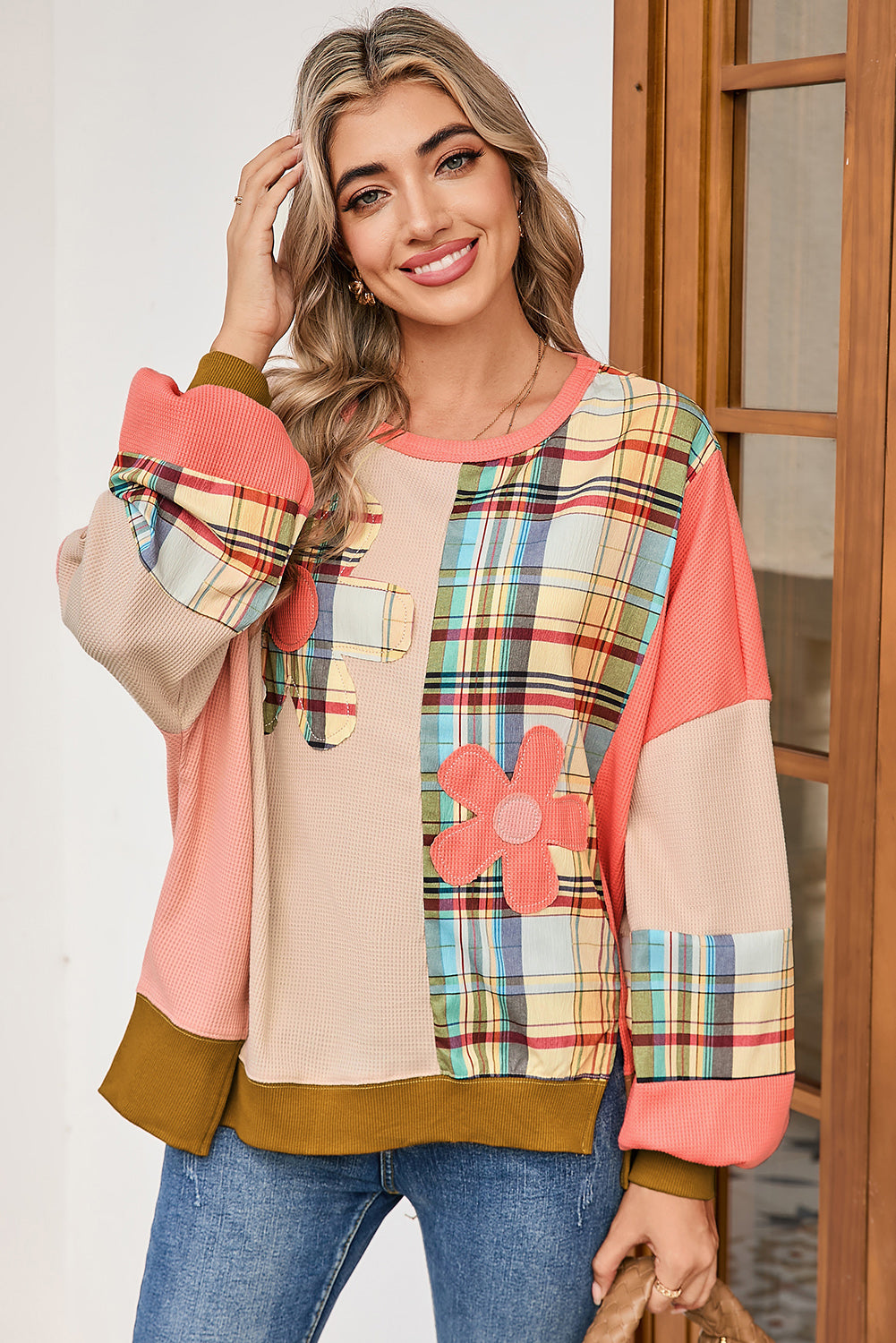Multicolor Plaid Flower Patchwork Waffle Drop Shoulder Loose Top